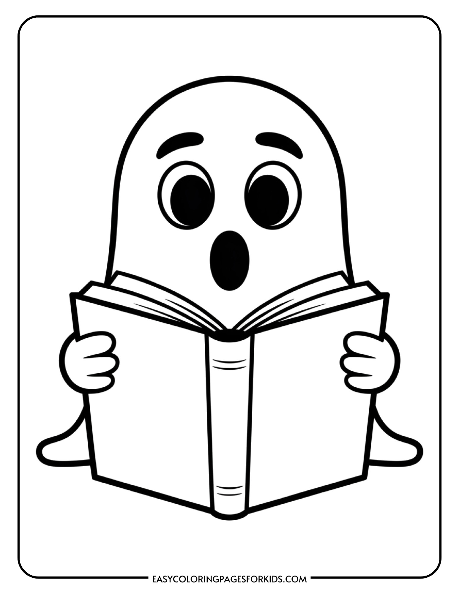 A surprised ghost sits while reading an open book with a startled expression.