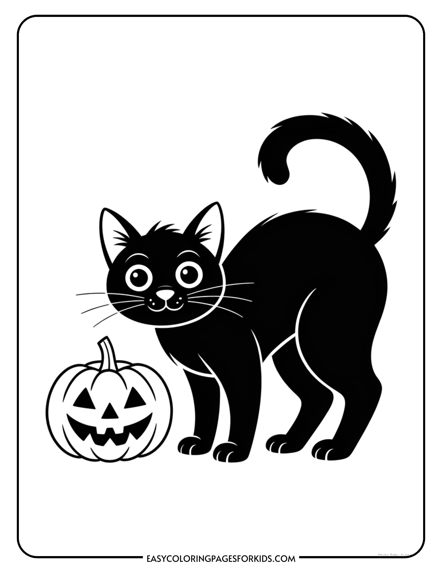 A Halloween black cat with an arched back and fluffy tail stands beside a carved pumpkin.