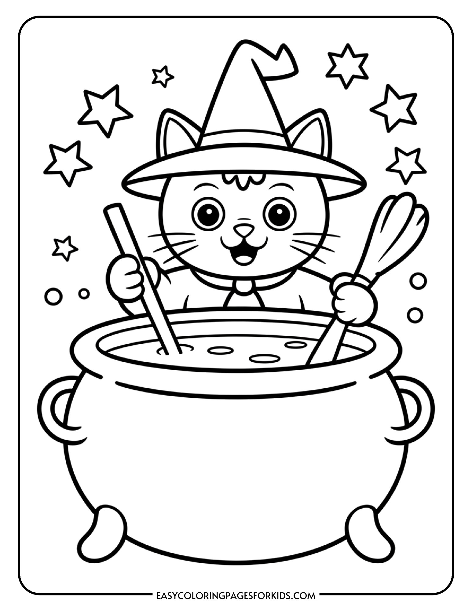 A mischievous cat stirs a large bubbling cauldron with a wooden spoon, acting like a little witch.