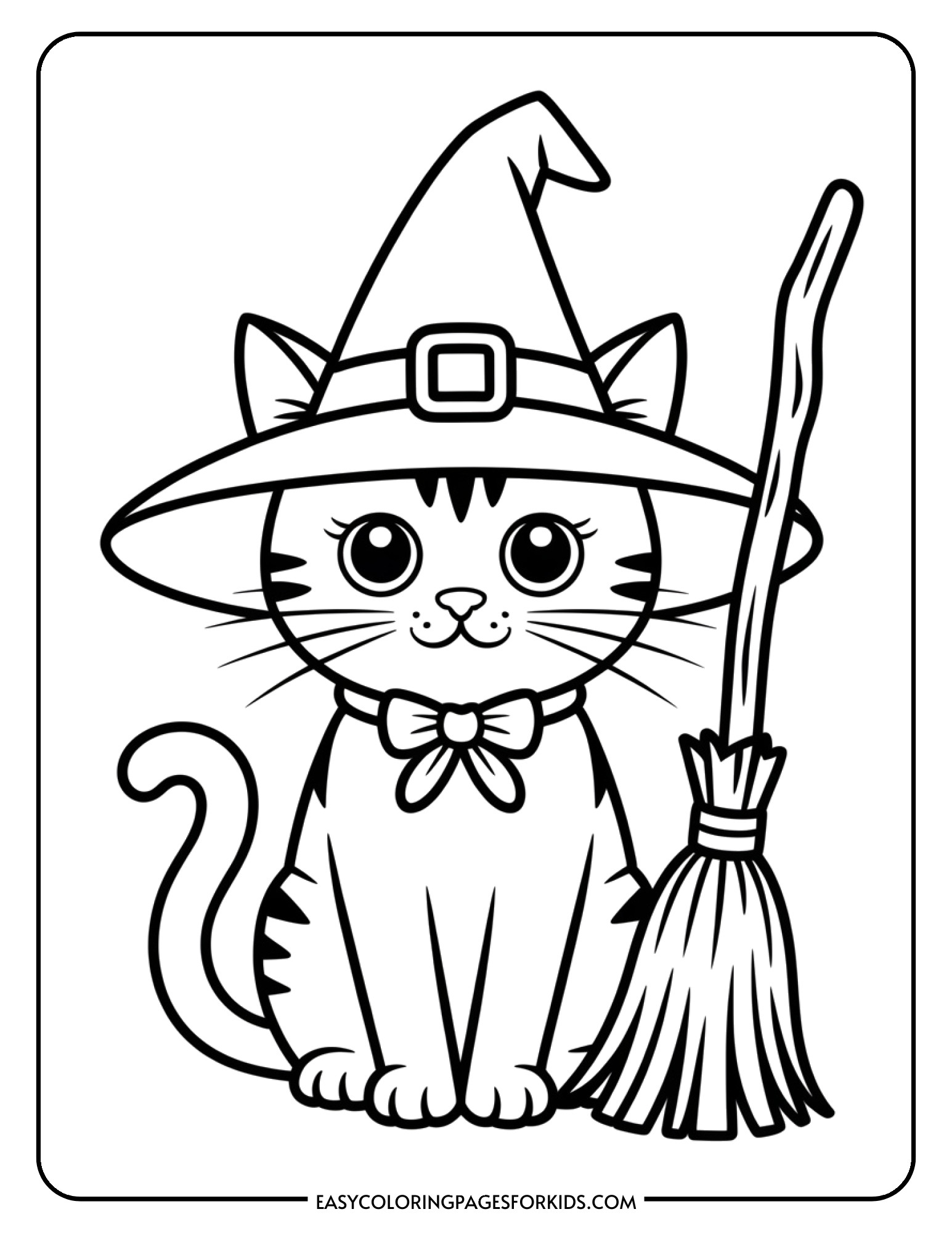 A sweet cat wearing a tall witch's hat sits next to a broomstick.