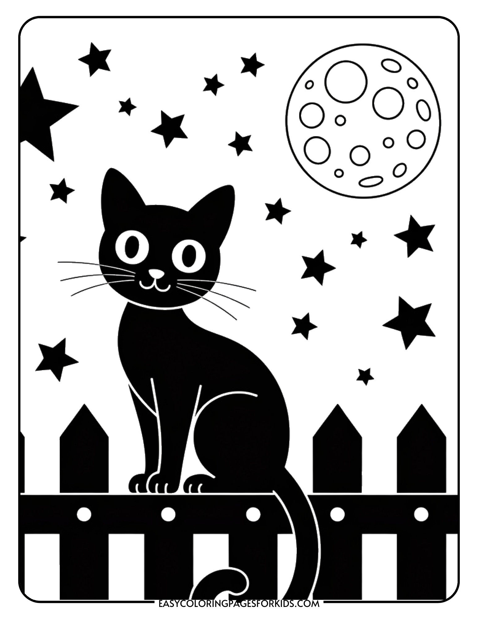 A cat sits on a wooden fence beneath a full moon and twinkling stars.