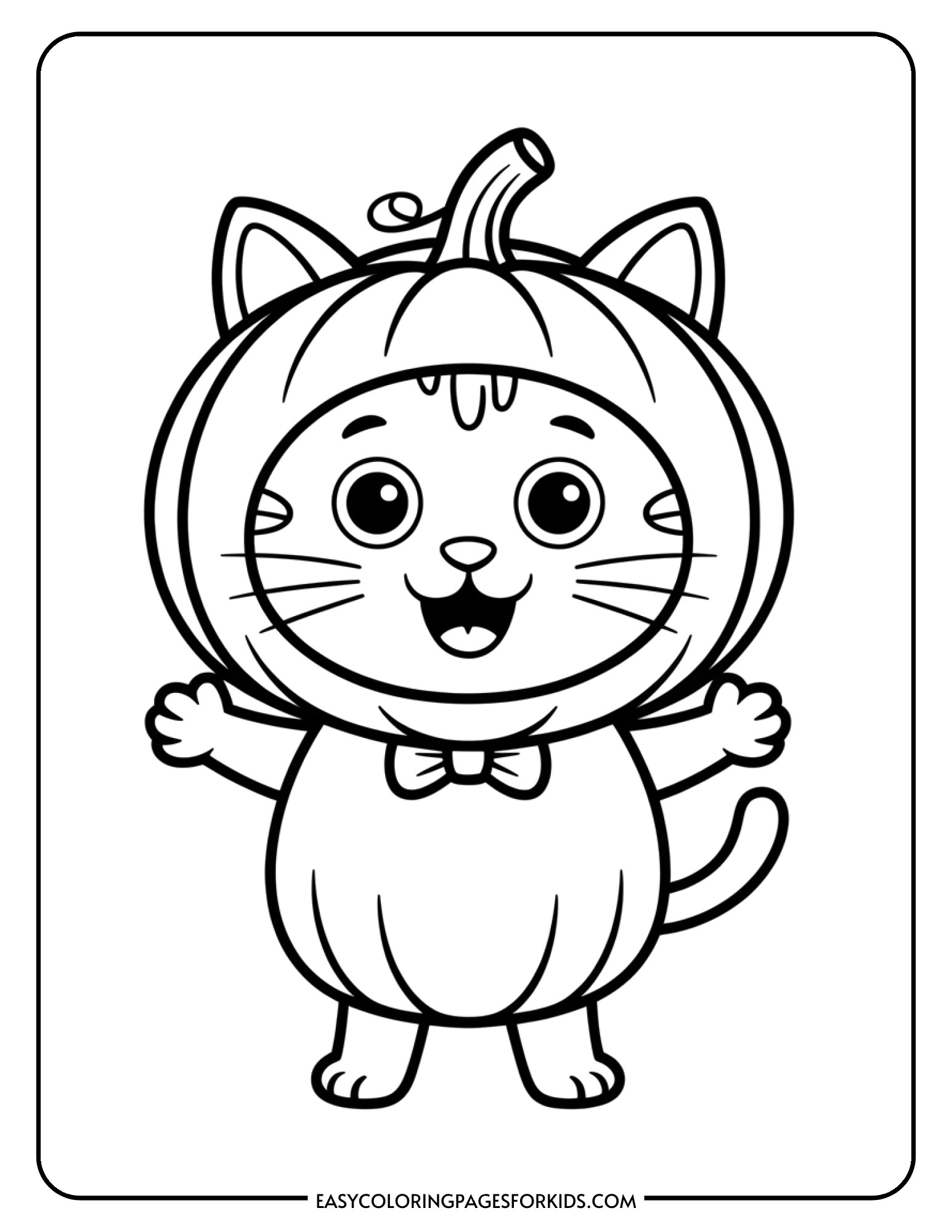A cheerful cat dressed in a round pumpkin costume with a green stem on its head.