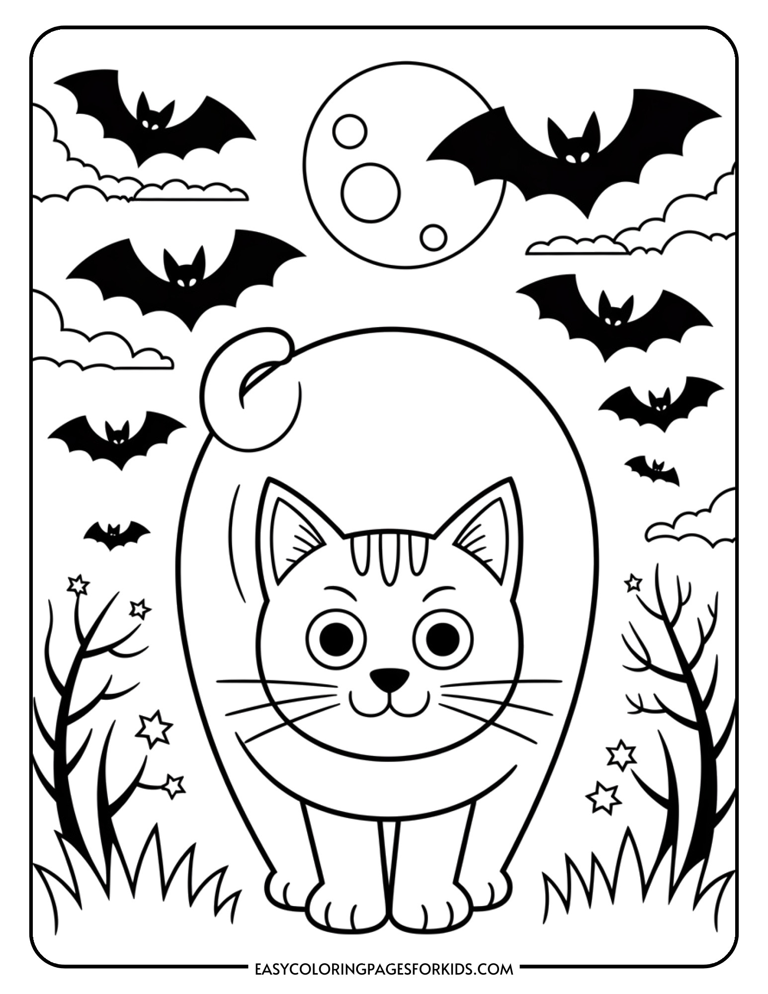 A cat with an arched back stands alert while bats fly around under a large full moon.