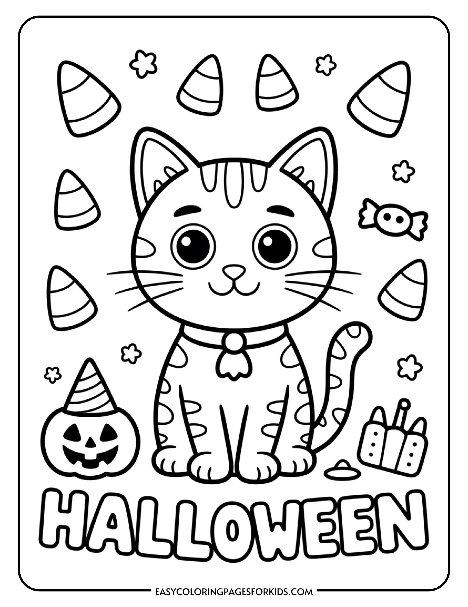 A cat sits happily among scattered candy corn and Halloween candies.