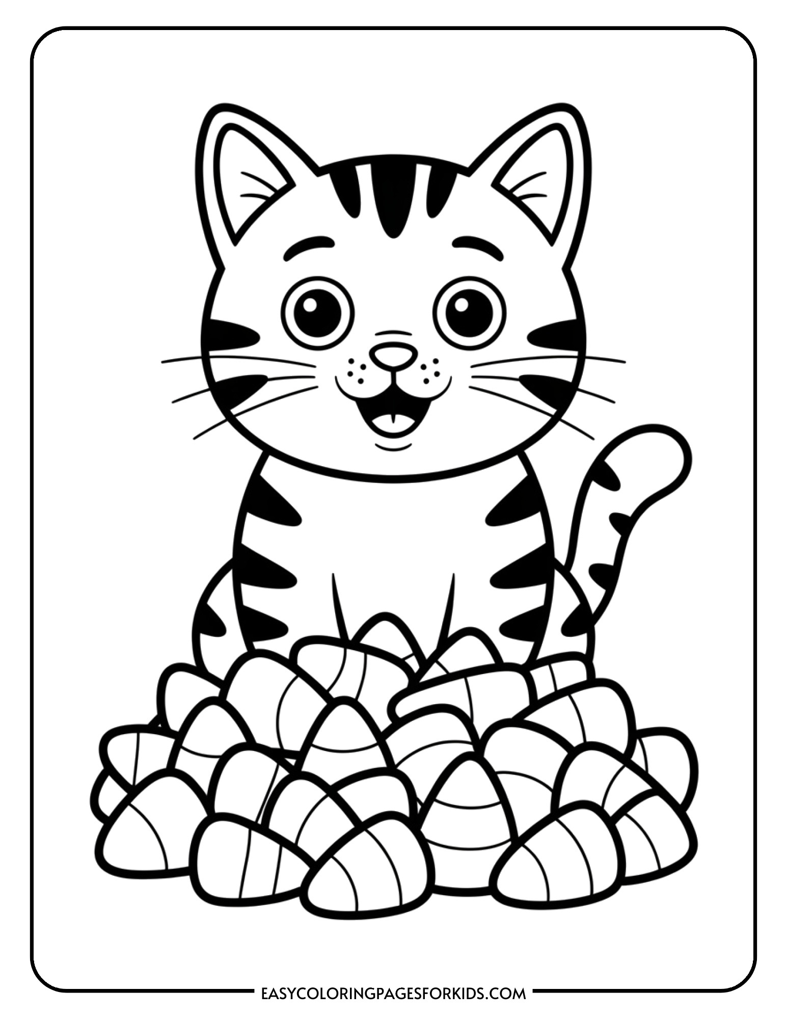A cheerful cat sits beside a scattered pile of triangular candy corn pieces.