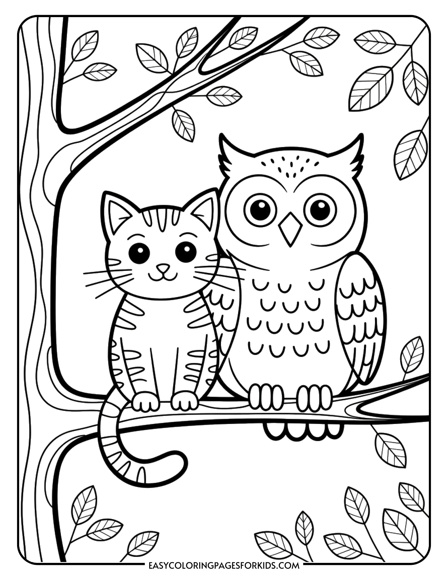 A cat and an owl perch side by side on a branch surrounded by fall leaves.