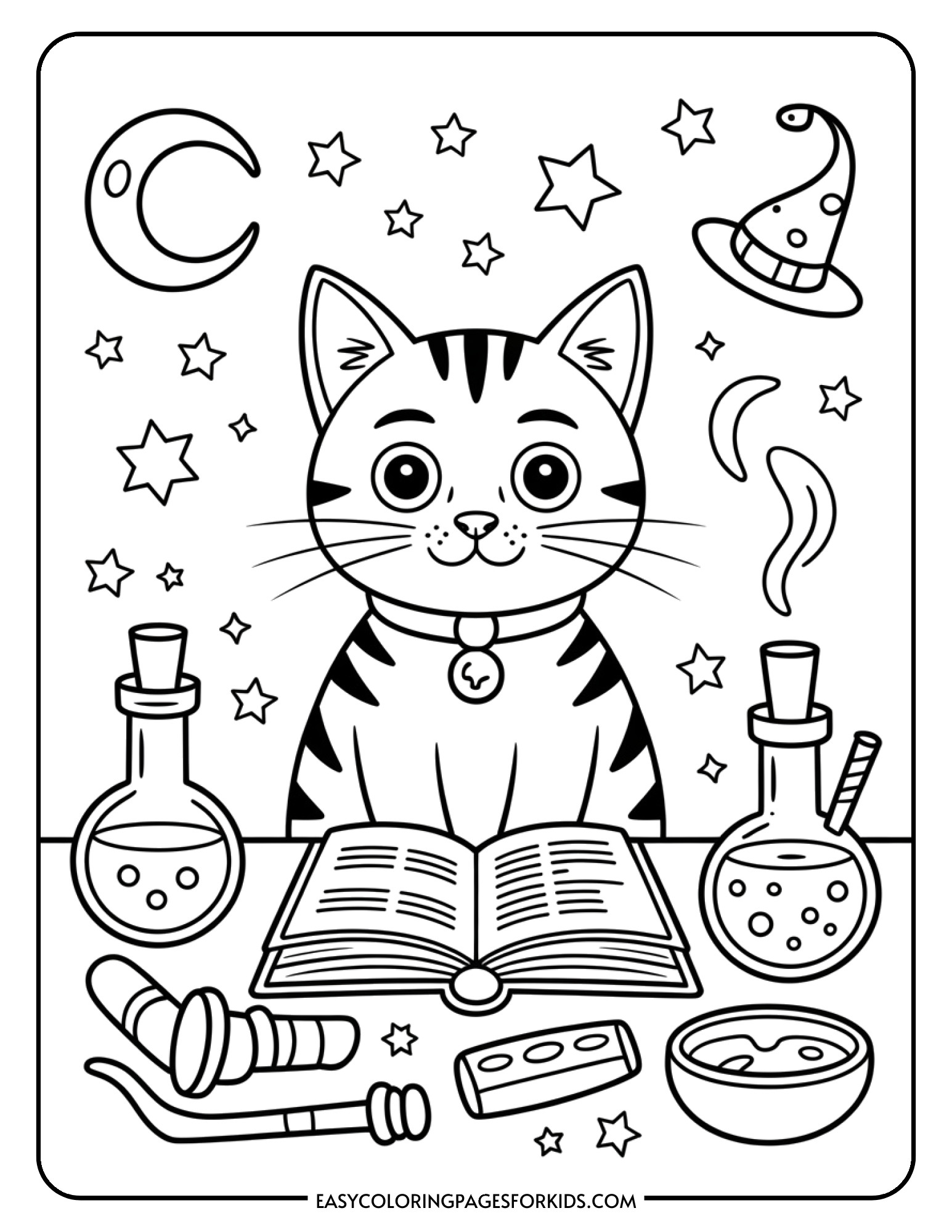 A cat examines potion bottles and a spell book on a table filled with magical items.