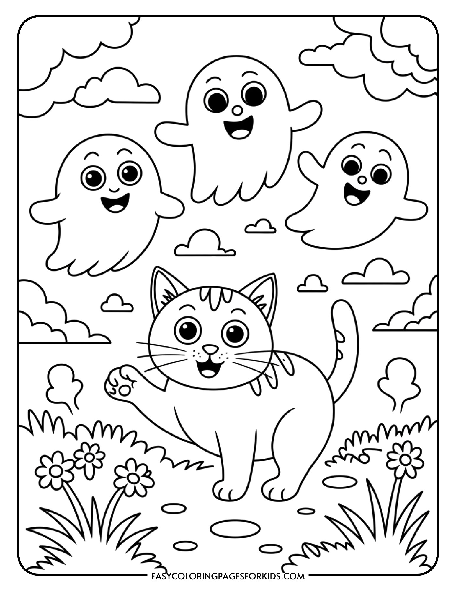 A playful cat is surrounded by three smiling, friendly ghosts floating in the air.