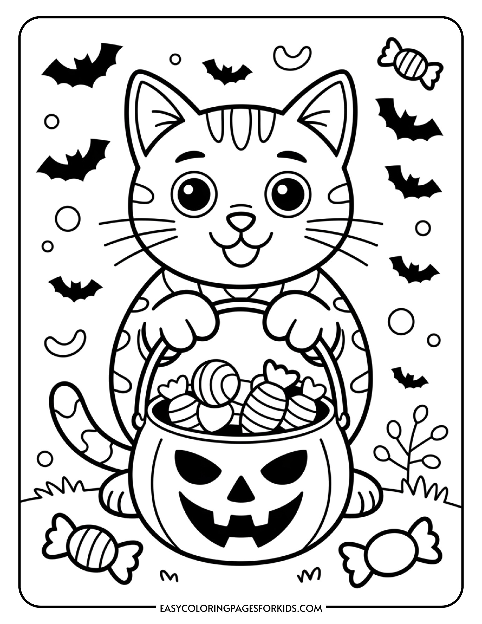 An excited cat holds a Halloween bucket overflowing with various candies and treats.