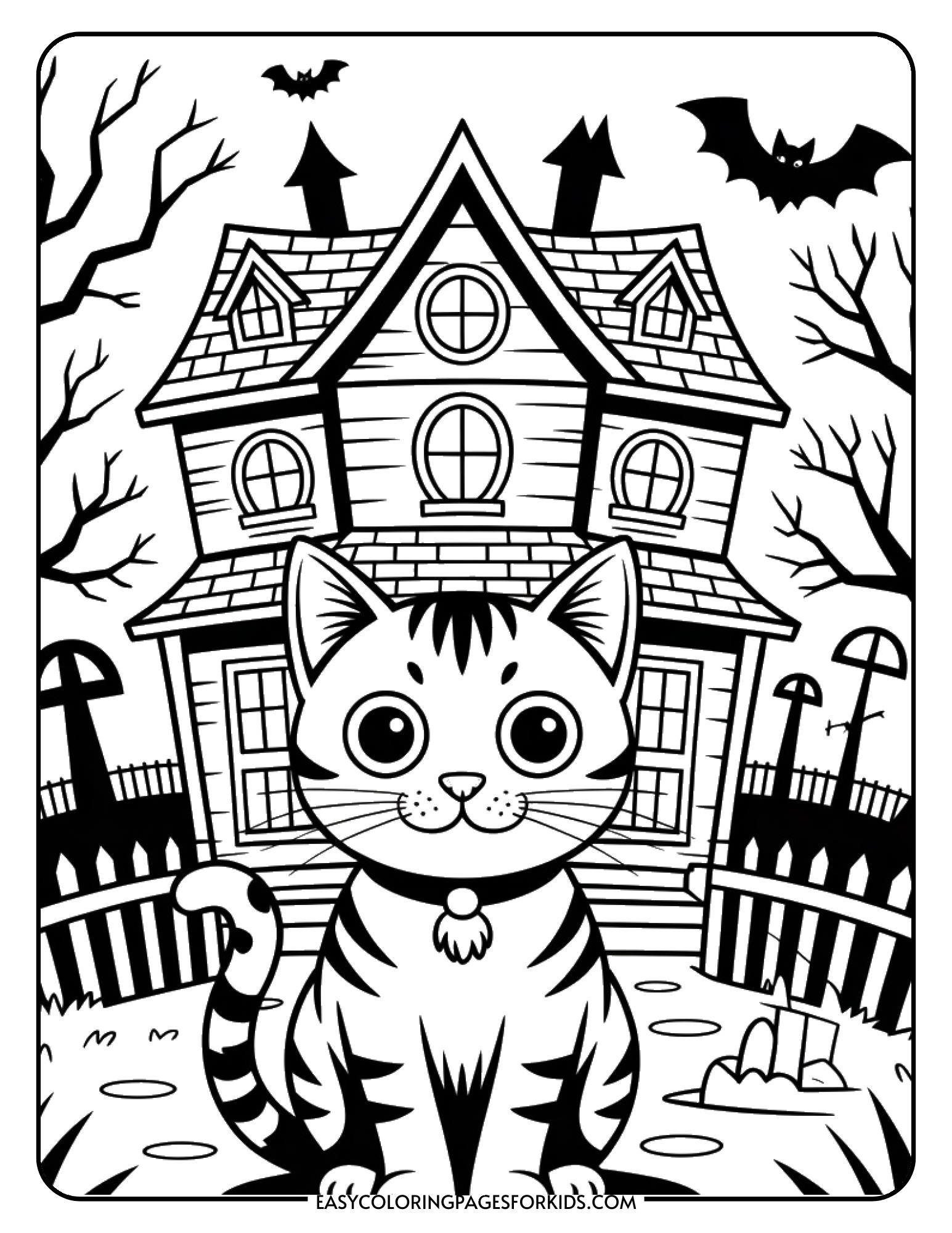 A brave cat sits in front of a spooky haunted house with crooked windows and a crooked door.