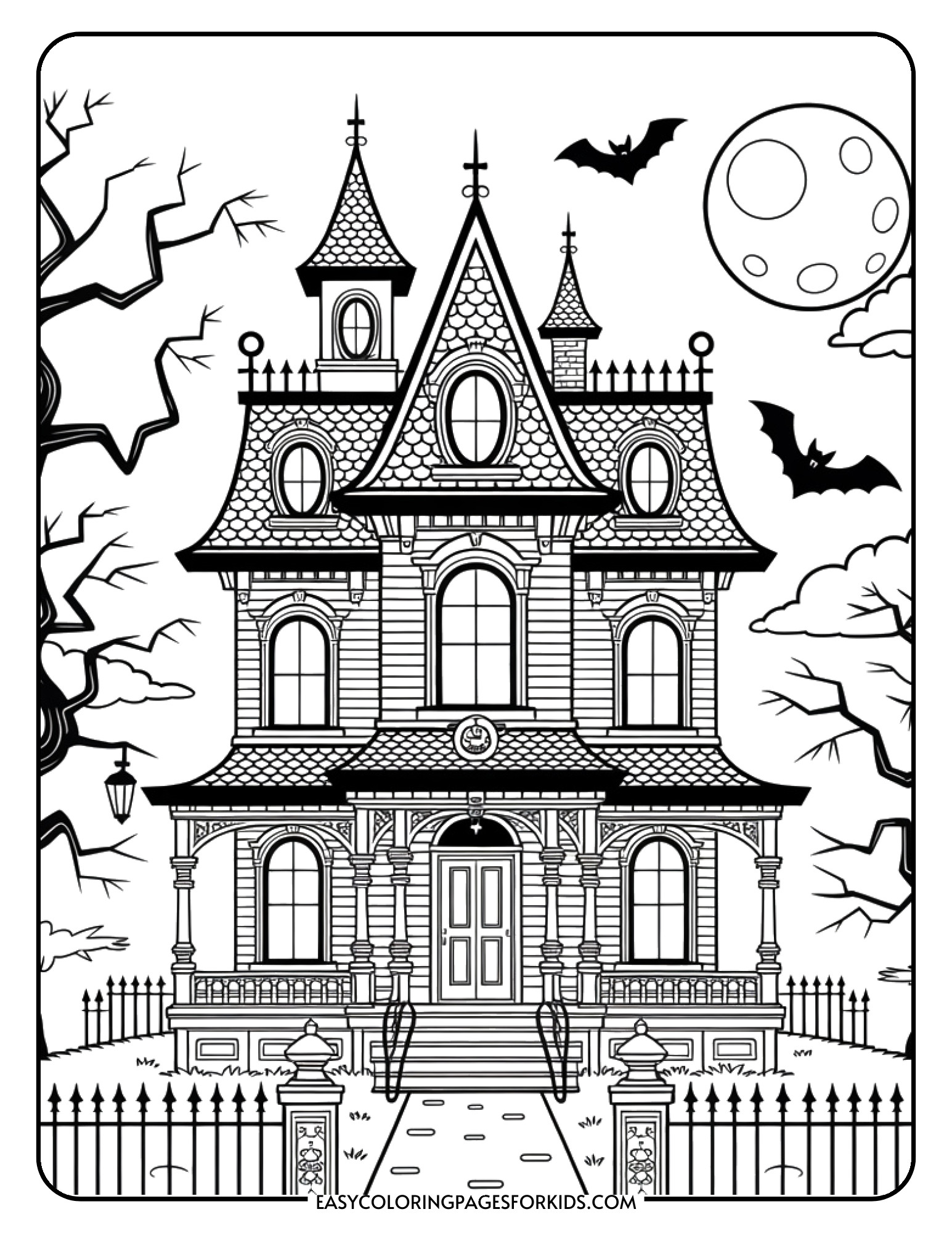 An elaborate haunted mansion coloring page featuring Victorian architecture with intricate windows and spooky details.