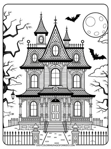 An elaborate haunted mansion coloring page featuring Victorian architecture with intricate windows and spooky details.