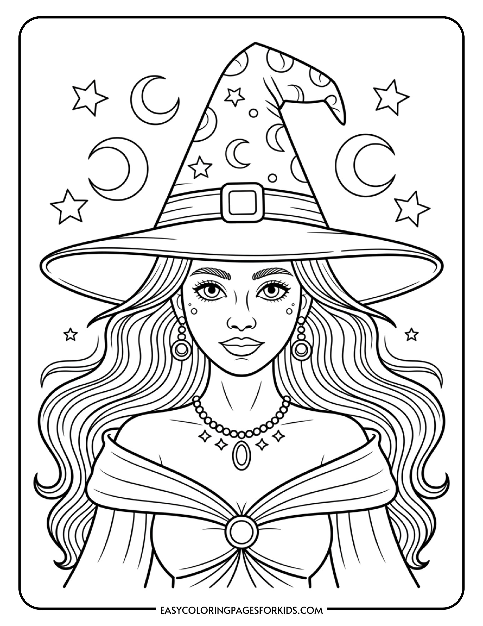 A detailed witch portrait coloring page showing an elegant witch with flowing hair and an ornately decorated hat.