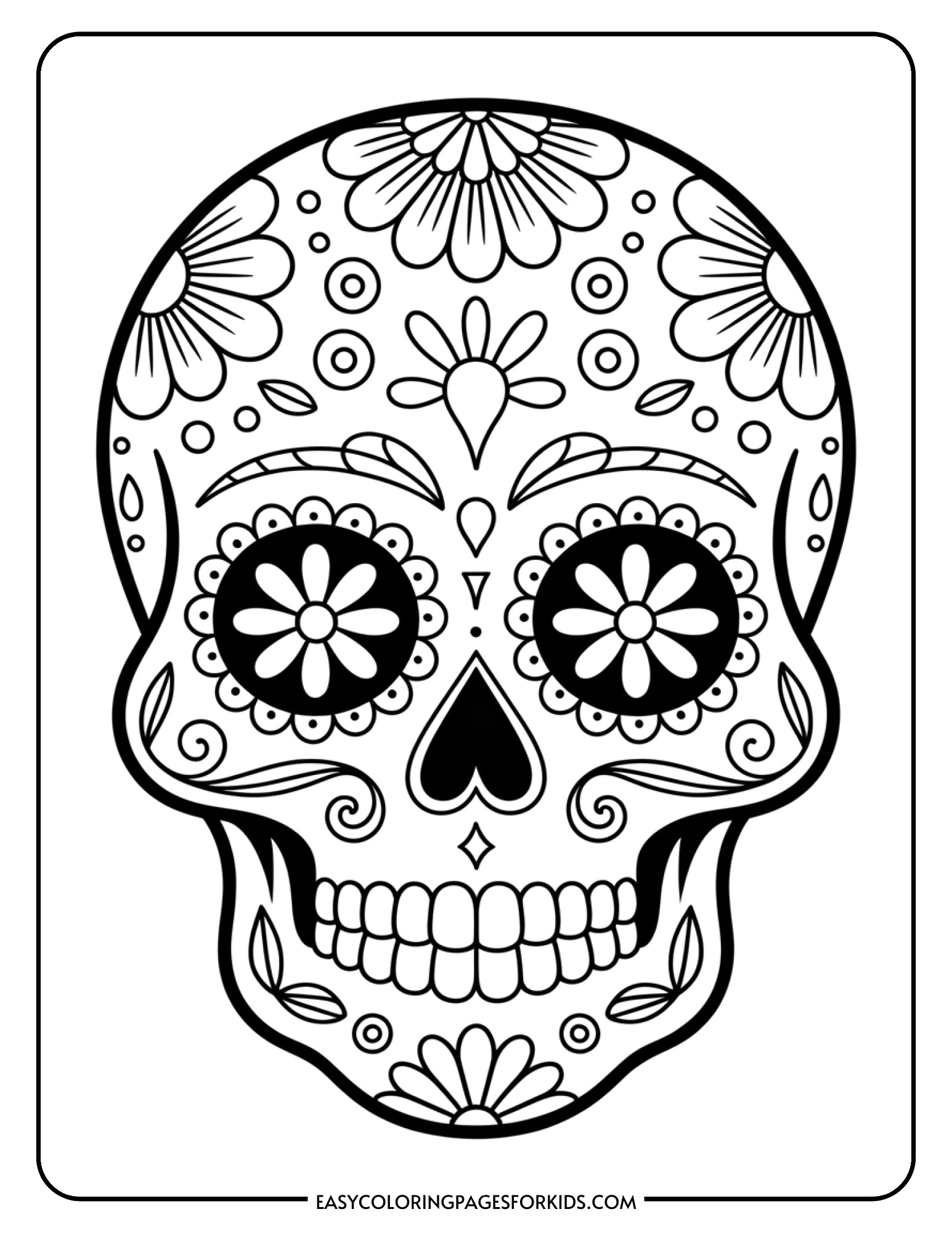 An intricate sugar skull coloring page filled with detailed floral patterns and traditional decorative elements.