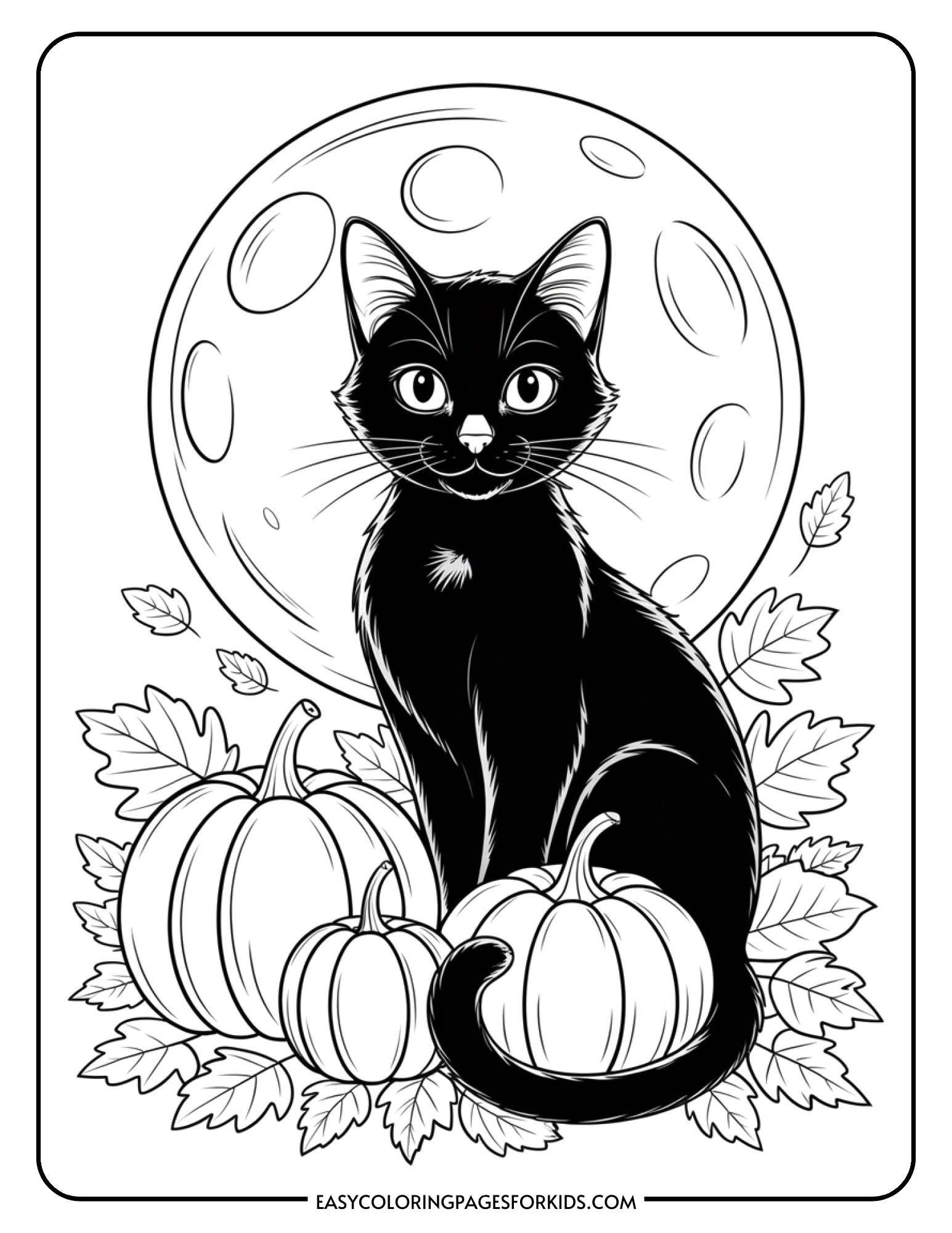 A detailed black cat coloring page featuring an elegant cat surrounded by pumpkins and leaves with a decorative moon background.