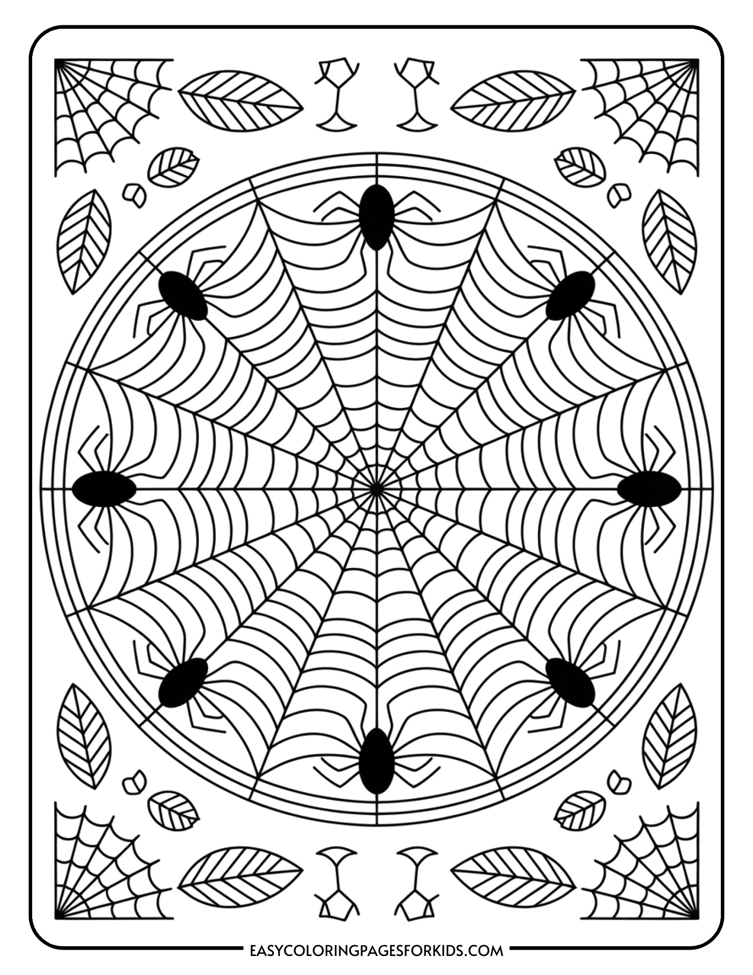 A complex mandala coloring page combining spiderweb patterns with geometric Halloween designs in a circular format.