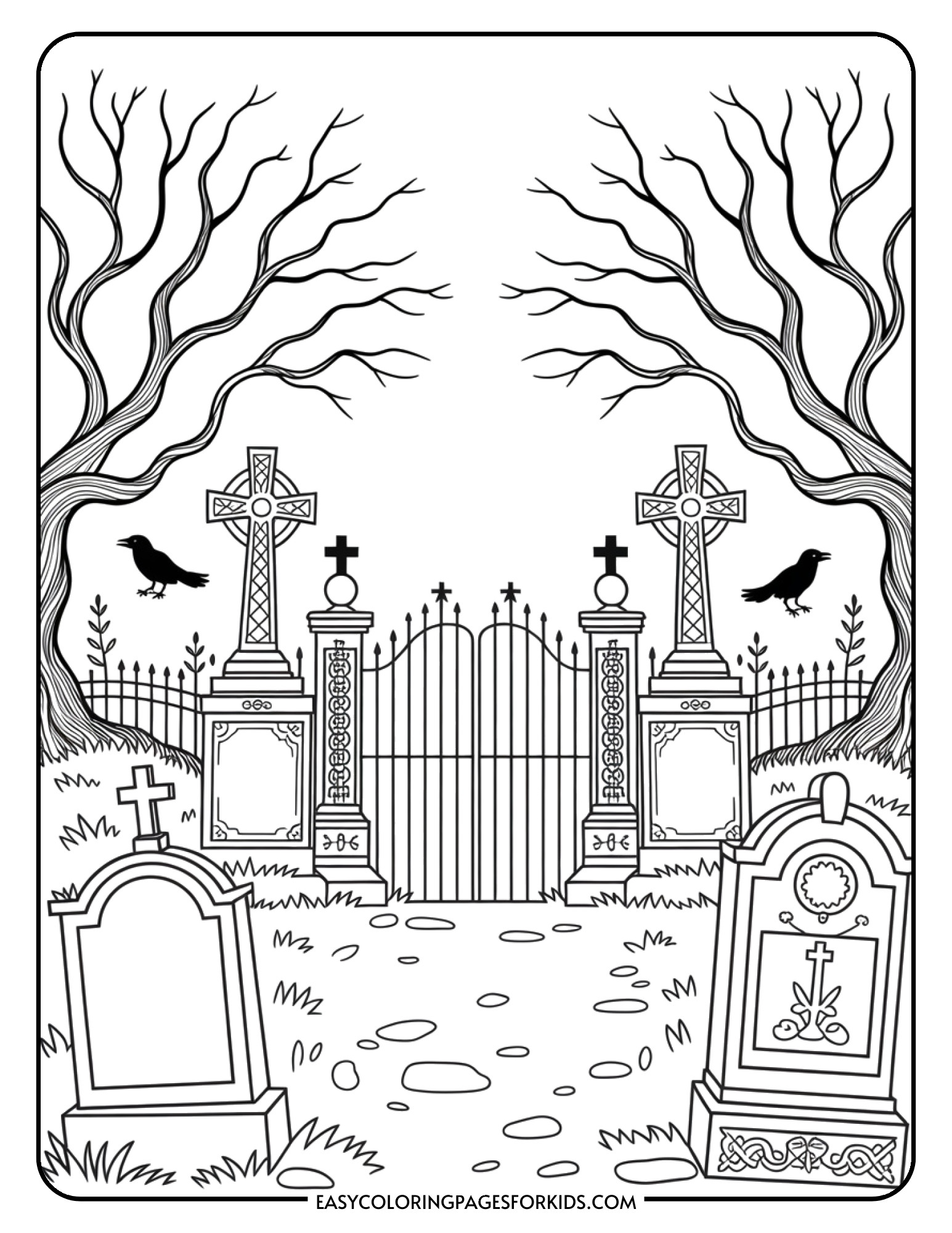 An elaborate cemetery scene coloring page showing detailed tombstones, twisted trees, and atmospheric spooky elements.