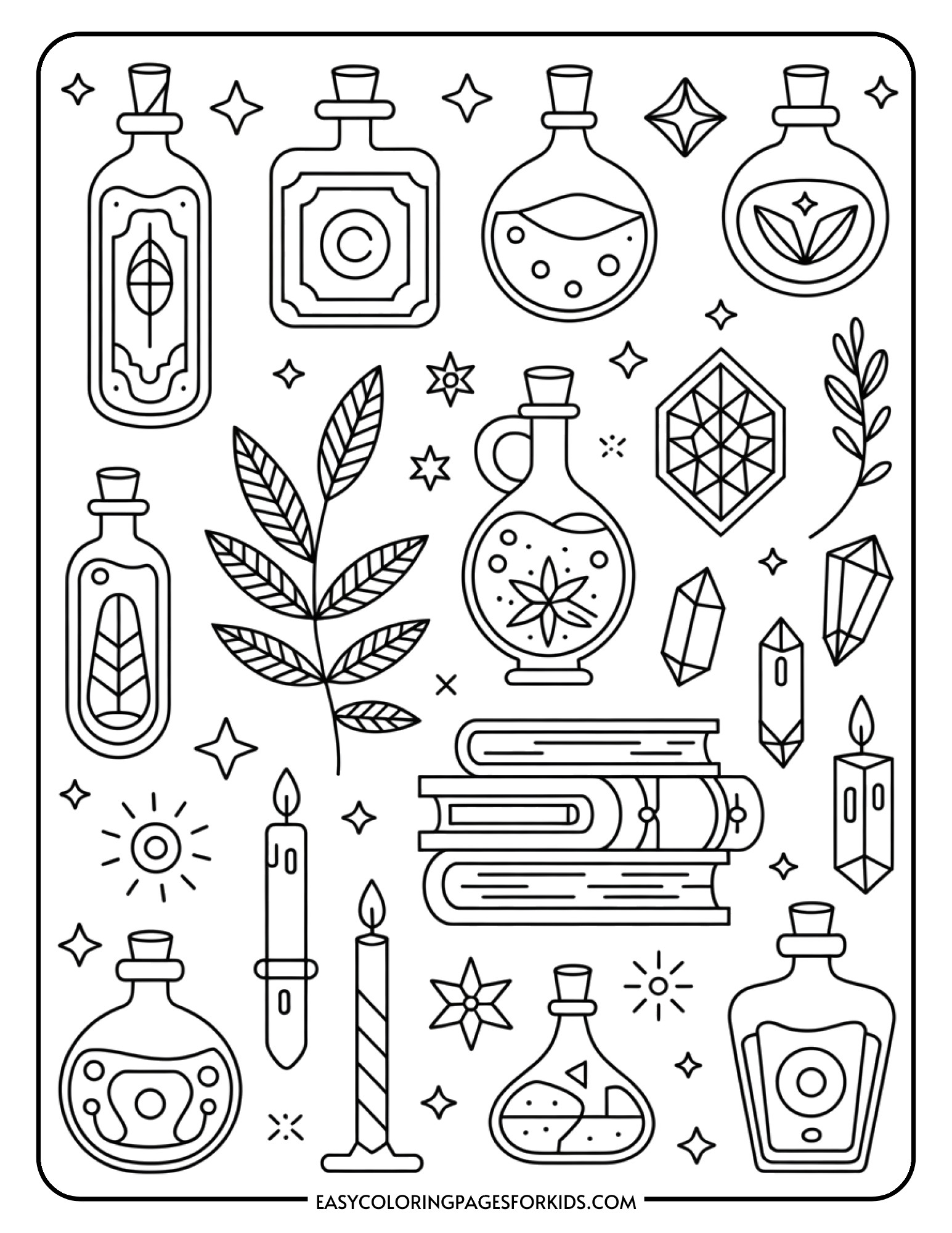 A detailed coloring page featuring ornate potion bottles, spell books, and mystical apothecary items with intricate decorative elements.