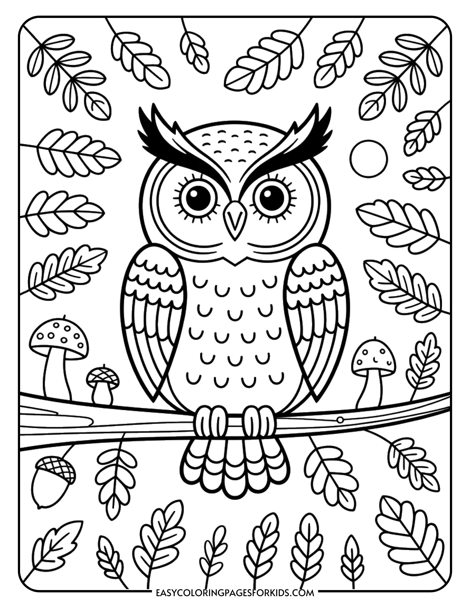 An intricate owl coloring page showing a detailed owl with elaborate feather patterns in an autumn forest setting.