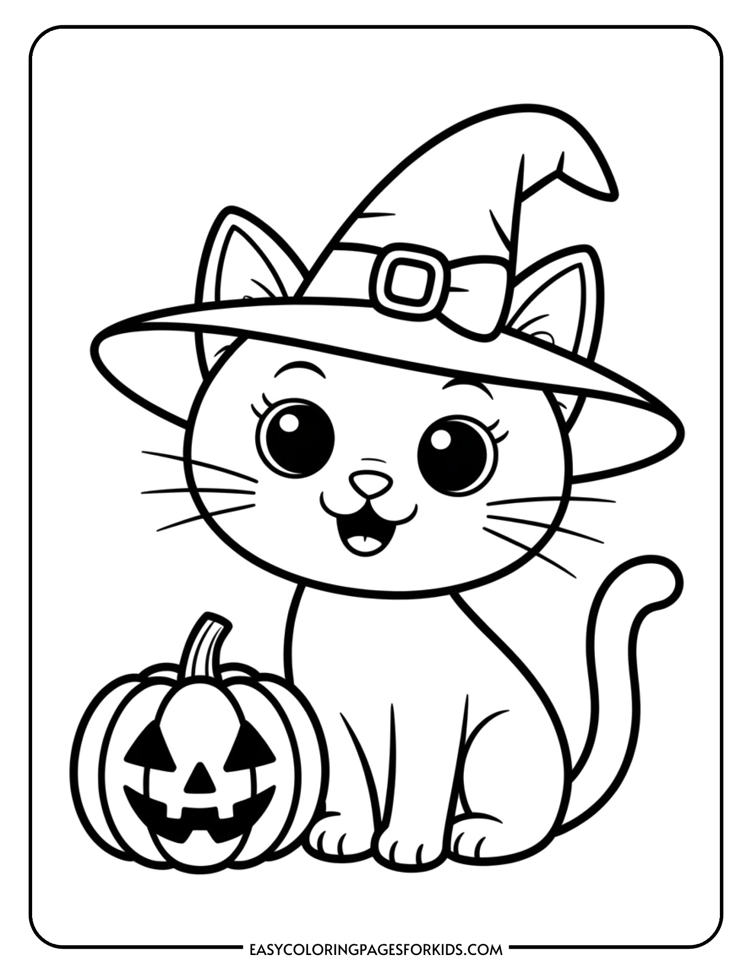 An adorable cat character wearing a witch hat sits beside a pumpkin.