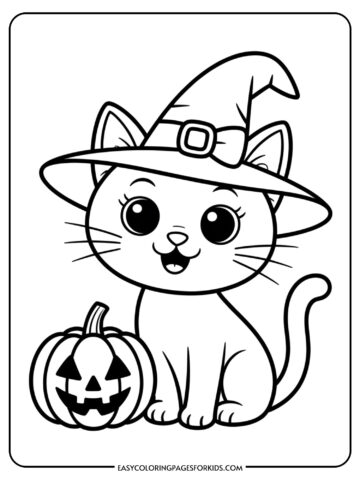 An adorable cat character wearing a witch hat sits beside a pumpkin.