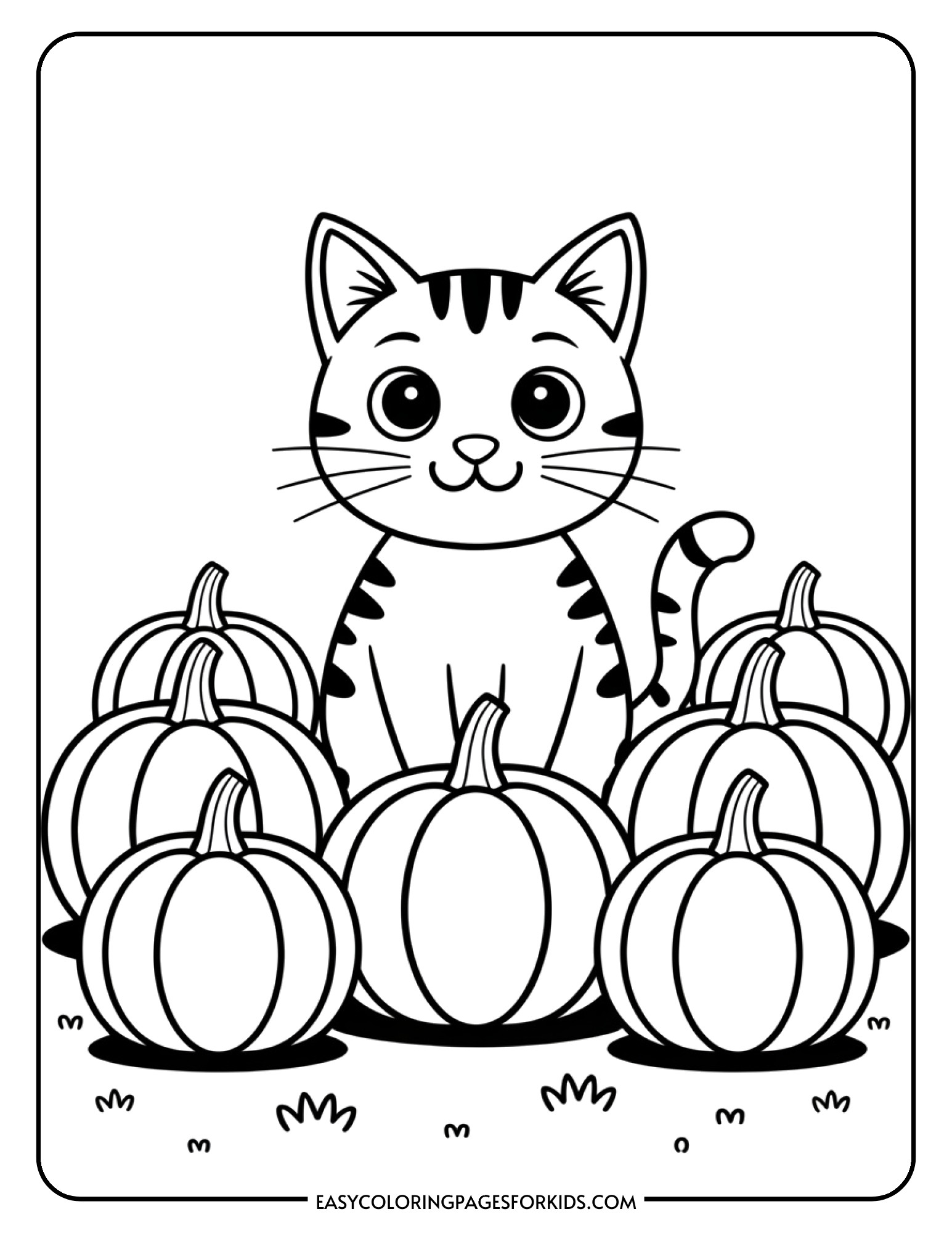 A sweet cat character surrounded by various pumpkins in a festive patch setting.
