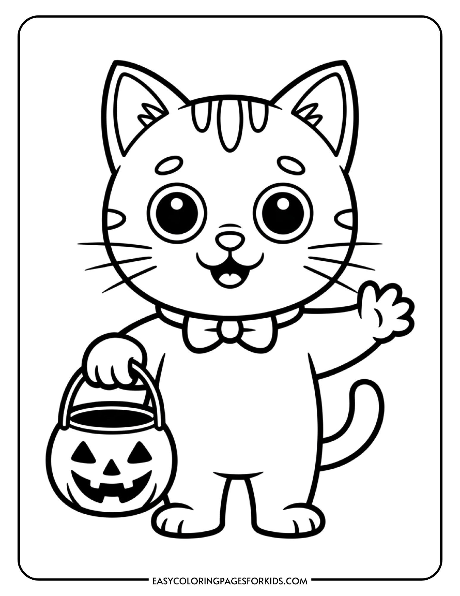 A cheerful cat character dressed up and holding a trick-or-treat bucket.