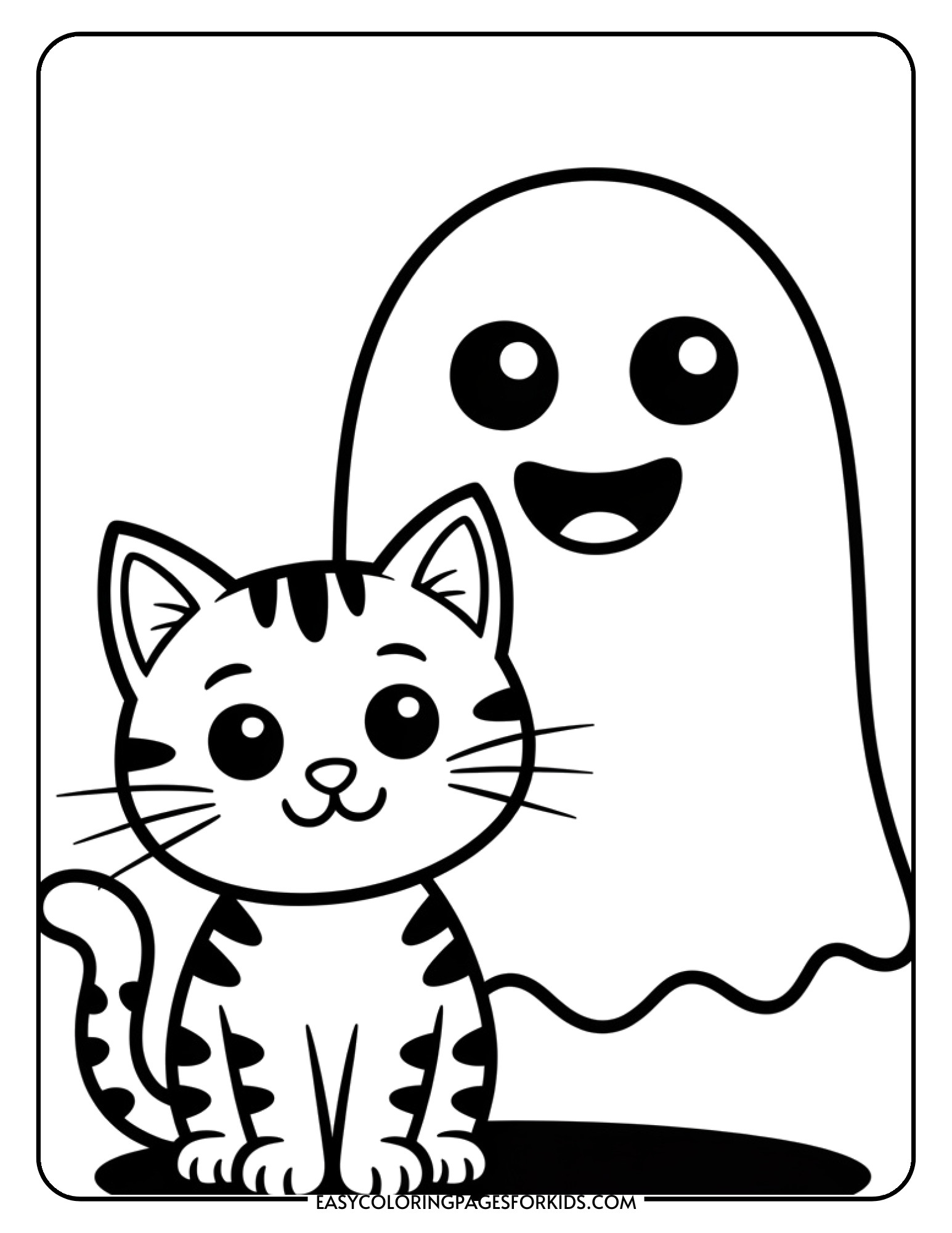 An adorable cat character poses with a friendly smiling ghost companion.