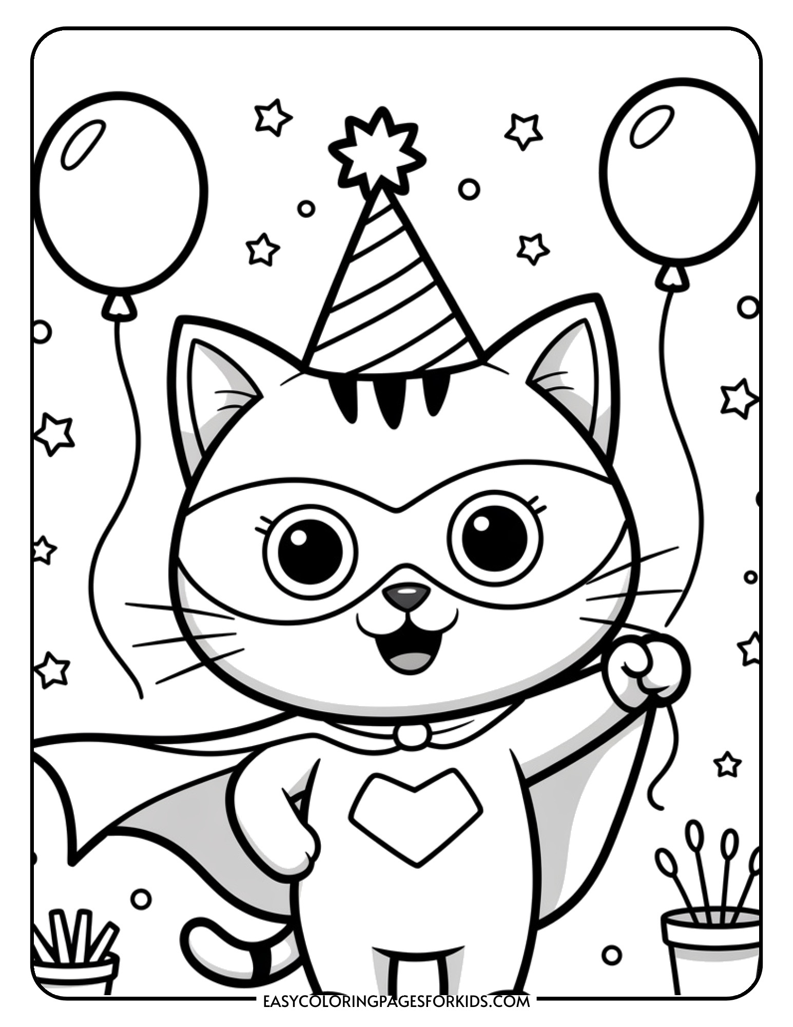 A cute cat character dressed as a superhero with a cape and mask surrounded by party balloons.