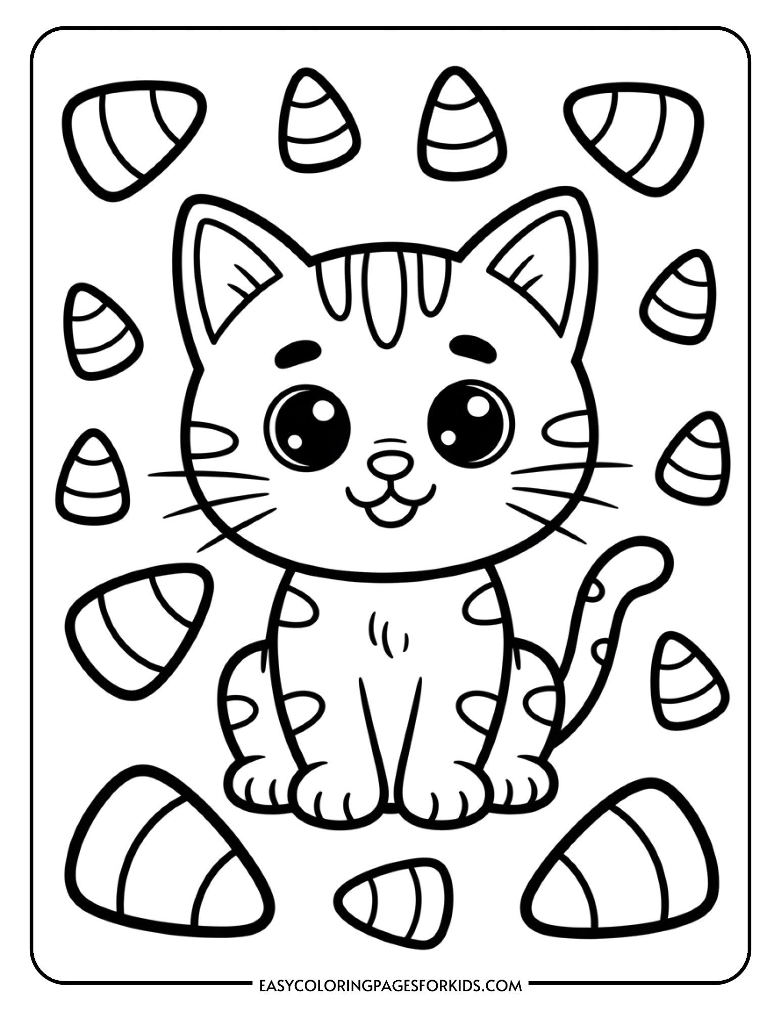 A sweet cat character surrounded by oversized candy corn decorations.