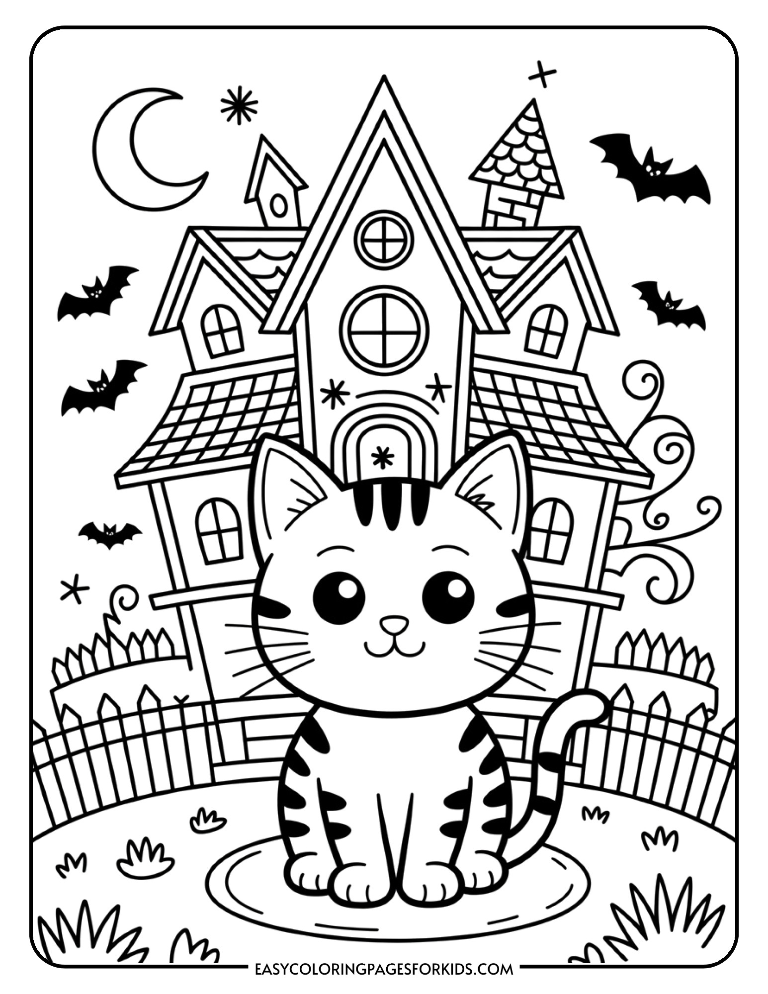 An adorable cat character sits before a playful haunted house under a crescent moon.