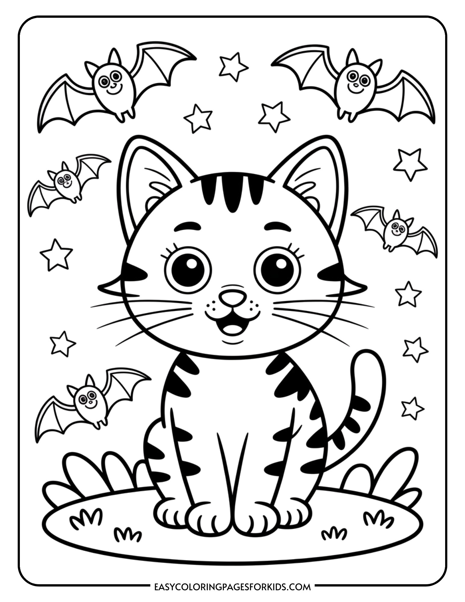 A cheerful cat character surrounded by small flying bats and twinkling stars.