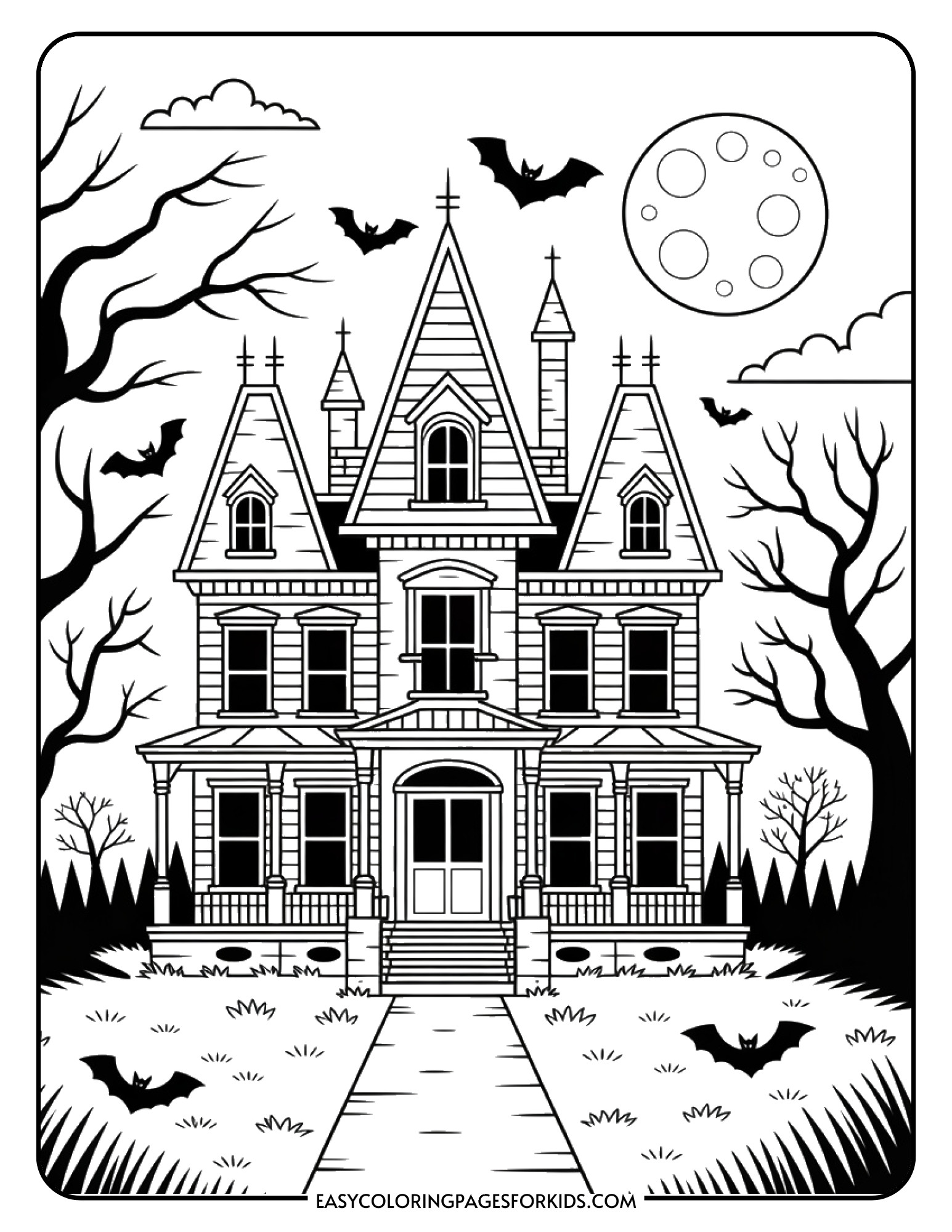 A spooky Victorian mansion with pointed towers, cracked windows, and bats flying across a full moon.
