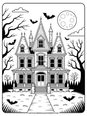 A spooky Victorian mansion with pointed towers, cracked windows, and bats flying across a full moon.