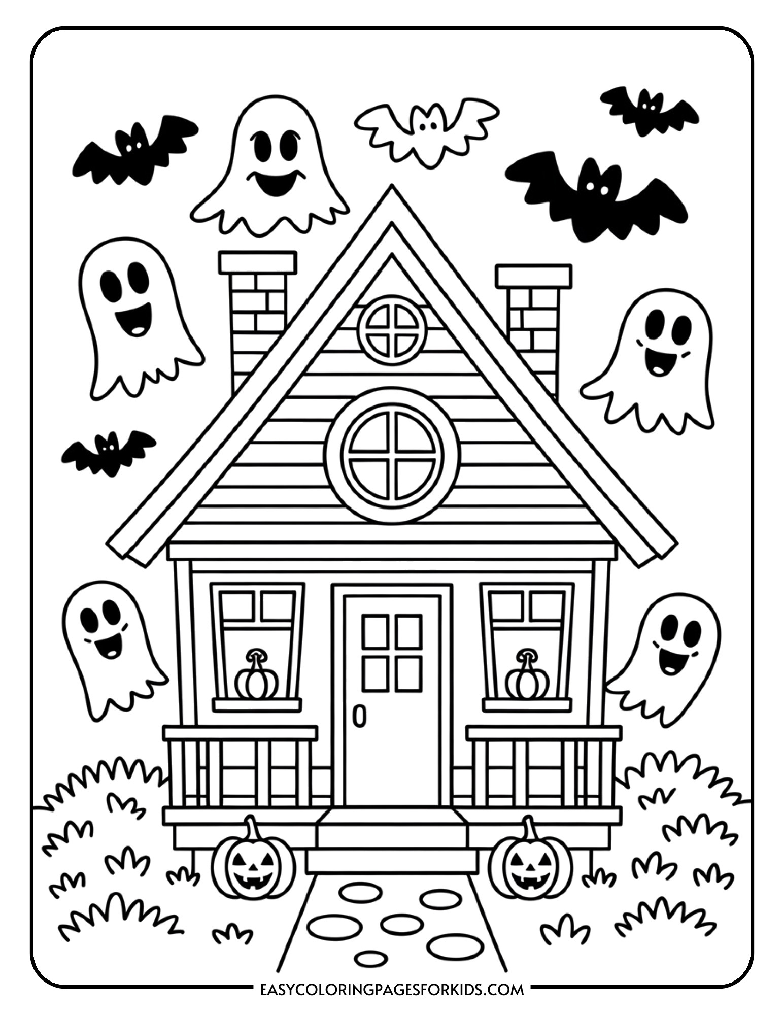 A cute cottage with happy ghosts floating nearby, pumpkins on the front porch, and a welcoming design.