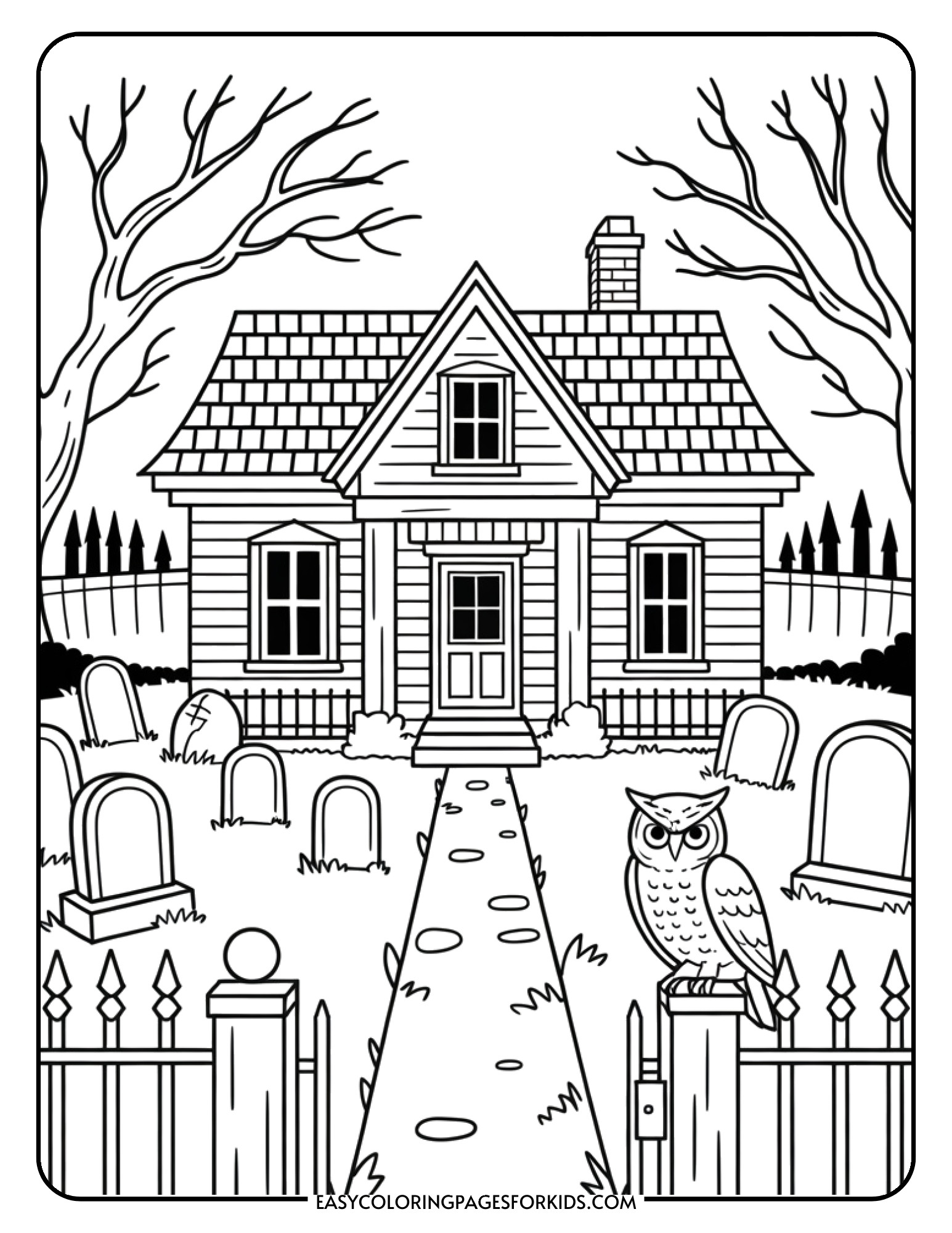 An old haunted house with a small graveyard featuring tilted tombstones, an iron fence, and an owl on the gate.