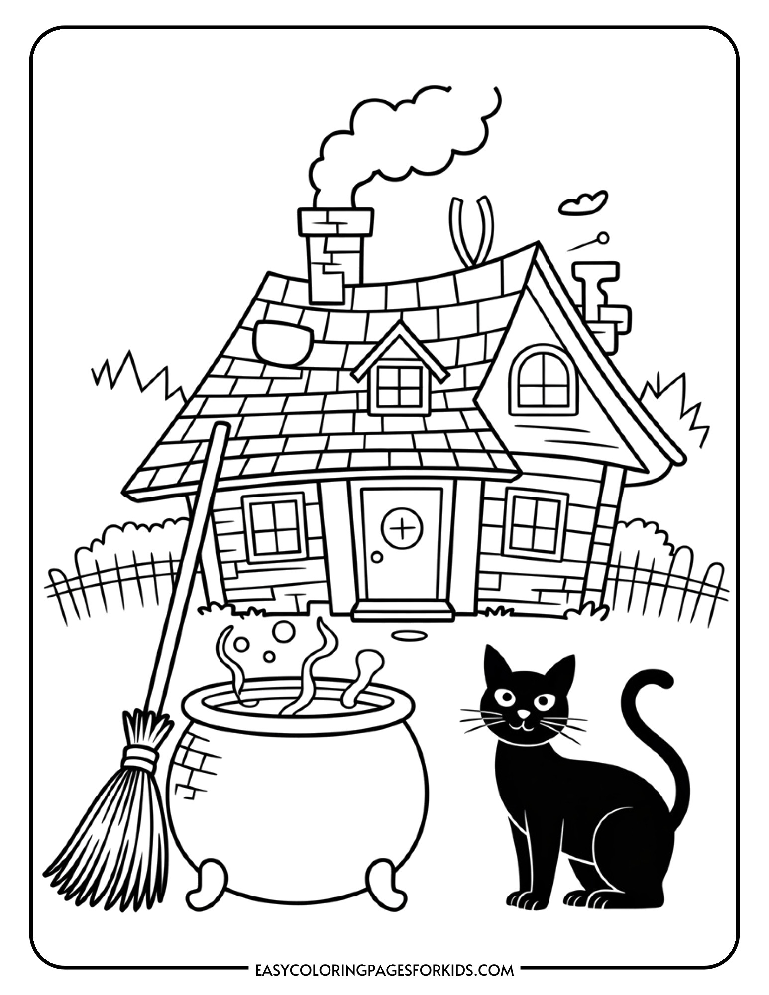 A crooked cottage with a smoking chimney, a cauldron bubbling outside, a broomstick by the door, and a black cat.