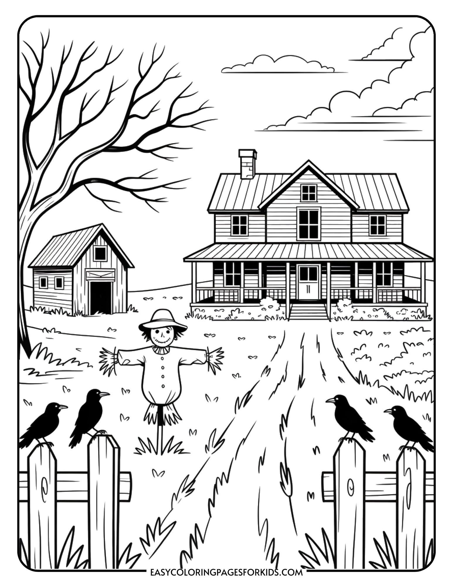 A weathered farmhouse with a sagging porch, an old barn, a scarecrow in tall grass, and crows sitting on fence posts.