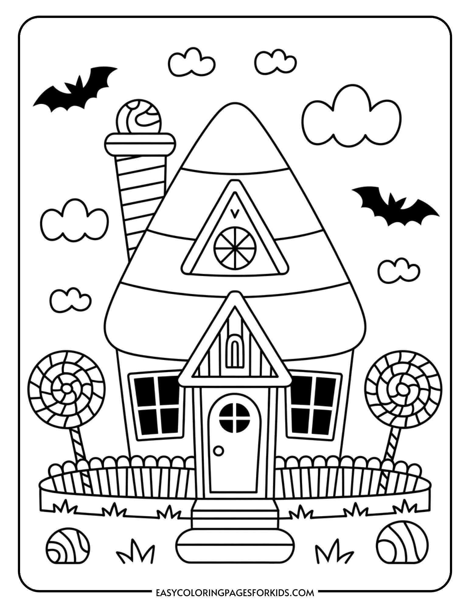 A fun house designed with candy corn colors and patterns, surrounded by lollipop-shaped trees and sweet decorations.