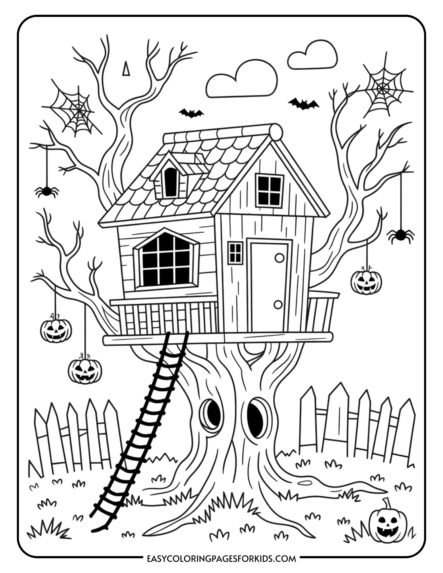 A treehouse nestled in a twisted tree with a rope ladder, hanging jack-o-lanterns, and spider webs on the branches.