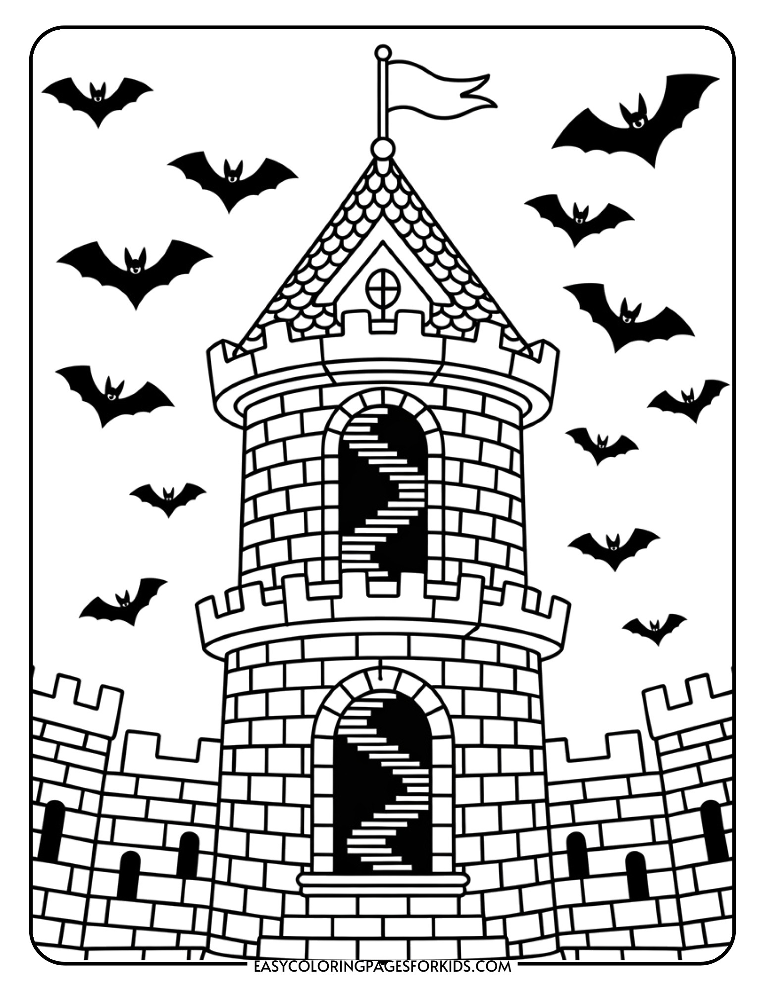 A stone castle tower with a winding staircase seen through the window, a flag at the peak, and bats flying in circles.