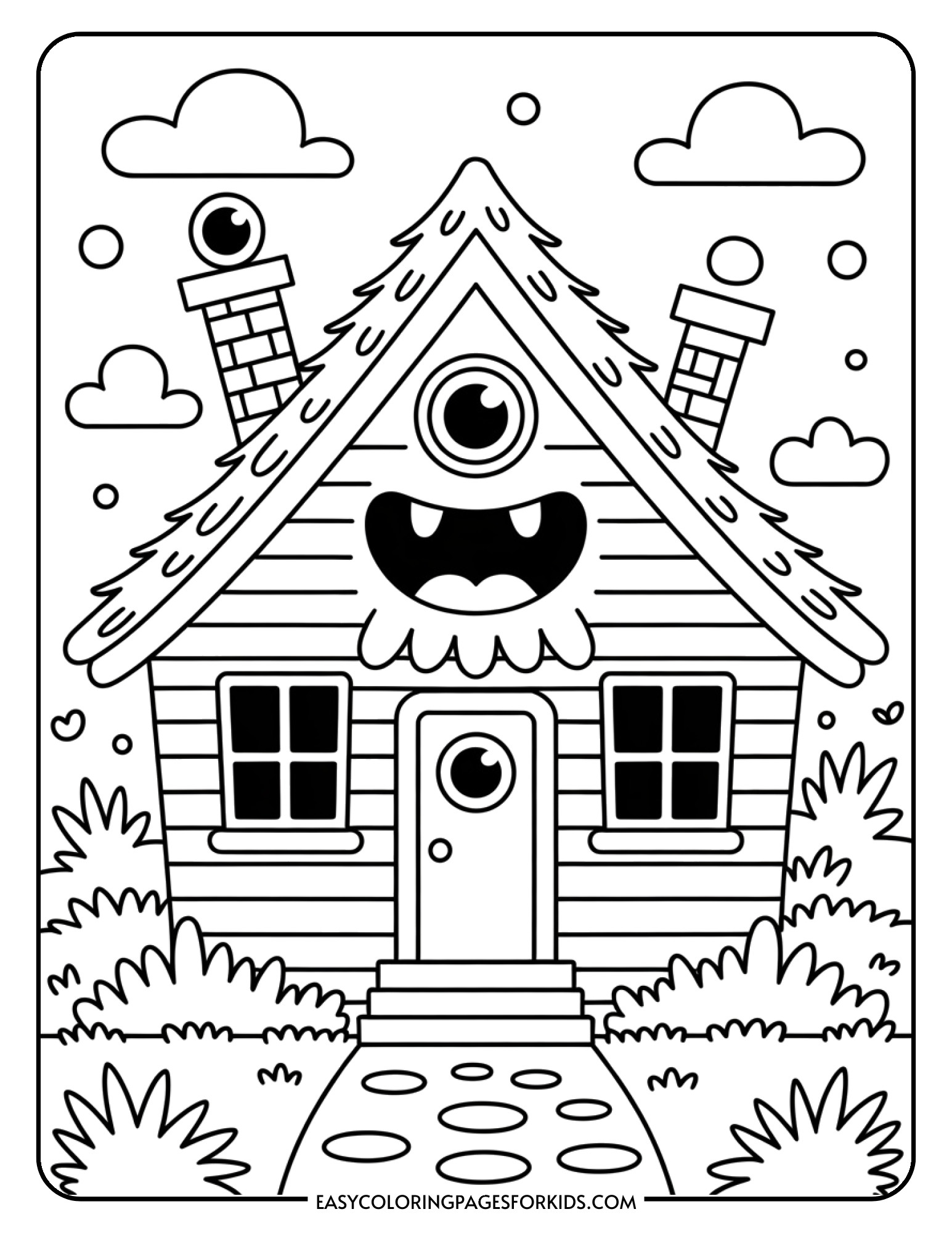 A playful house designed to look like a friendly monster with windows as eyes, a door as a mouth, and a furry roof.