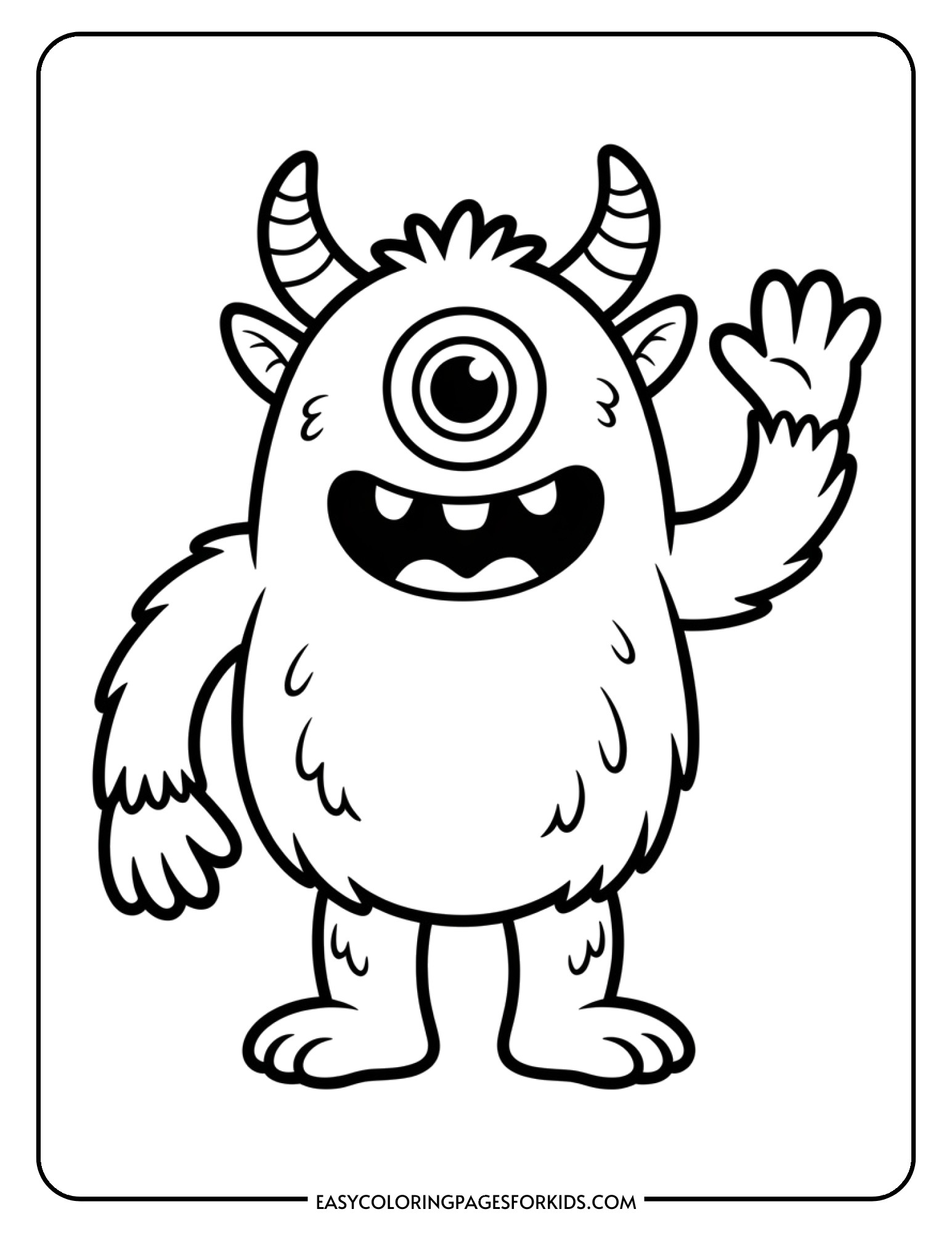 A cheerful one-eyed monster with a fuzzy round body waves with a friendly smile.