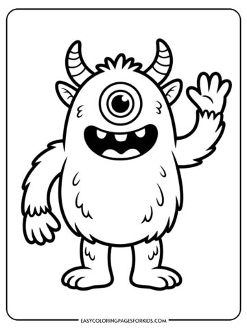 A cheerful one-eyed monster with a fuzzy round body waves with a friendly smile.