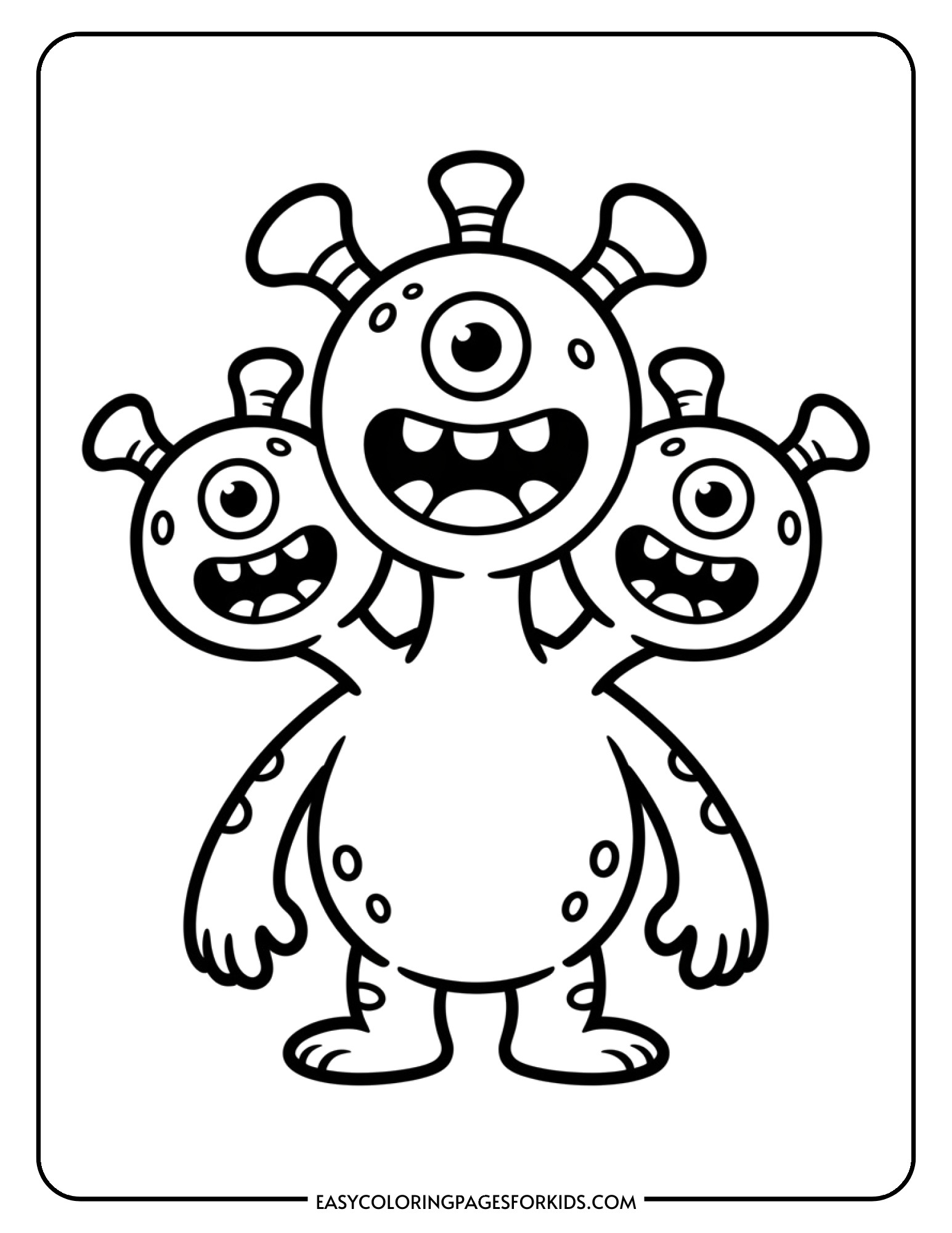 A silly monster with three heads showing different funny expressions stands with tiny arms and a round belly.