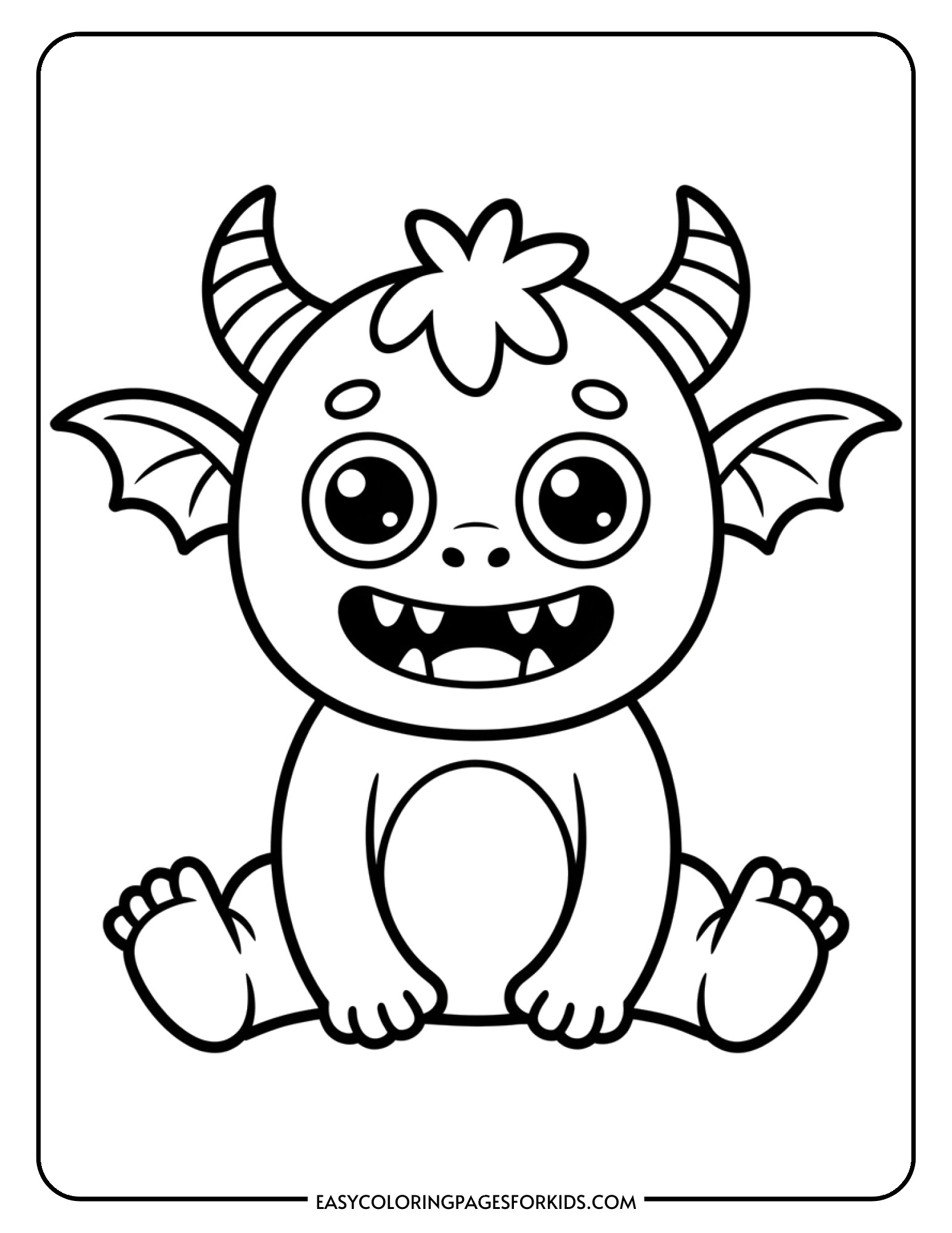 An adorable baby monster sits with oversized eyes, small fangs, and a pacifier in its mouth.