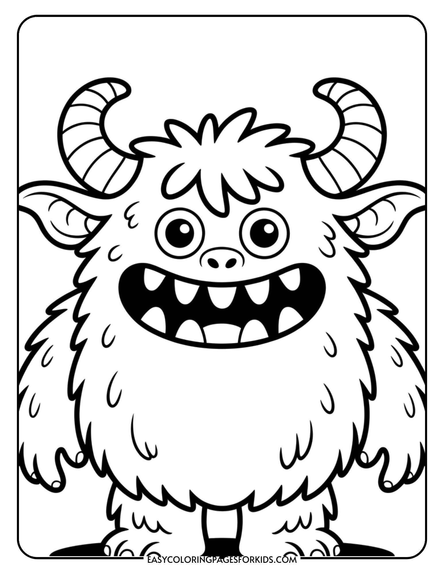 A shaggy furry monster with curved horns and a wide toothy smile stands happily.