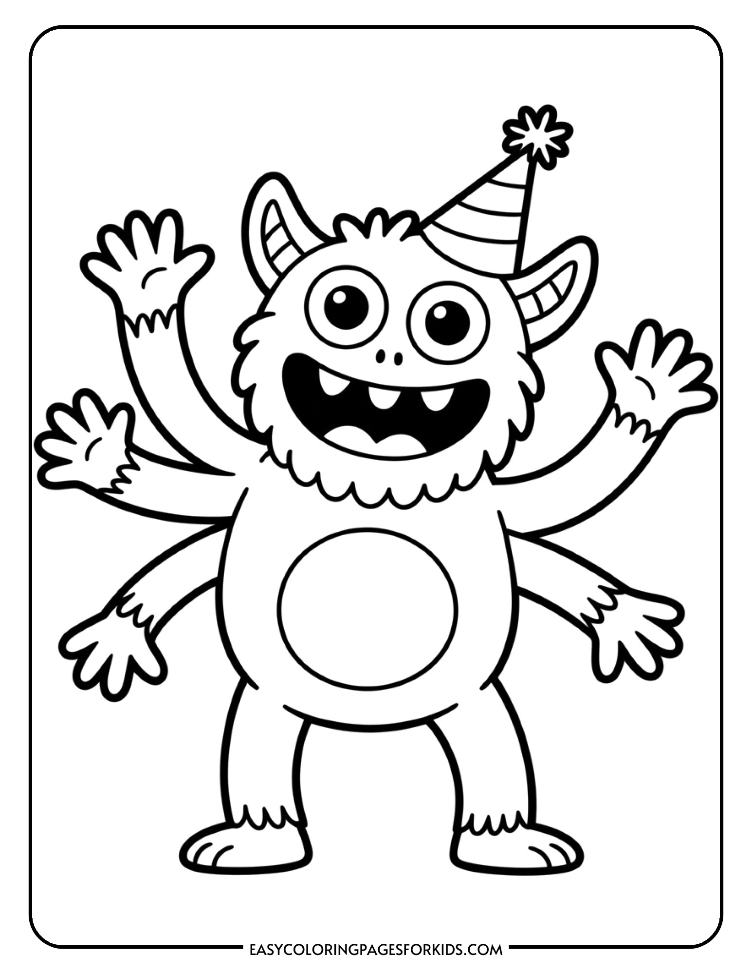 A joyful monster with several arms strikes a dancing pose while wearing a festive party hat.