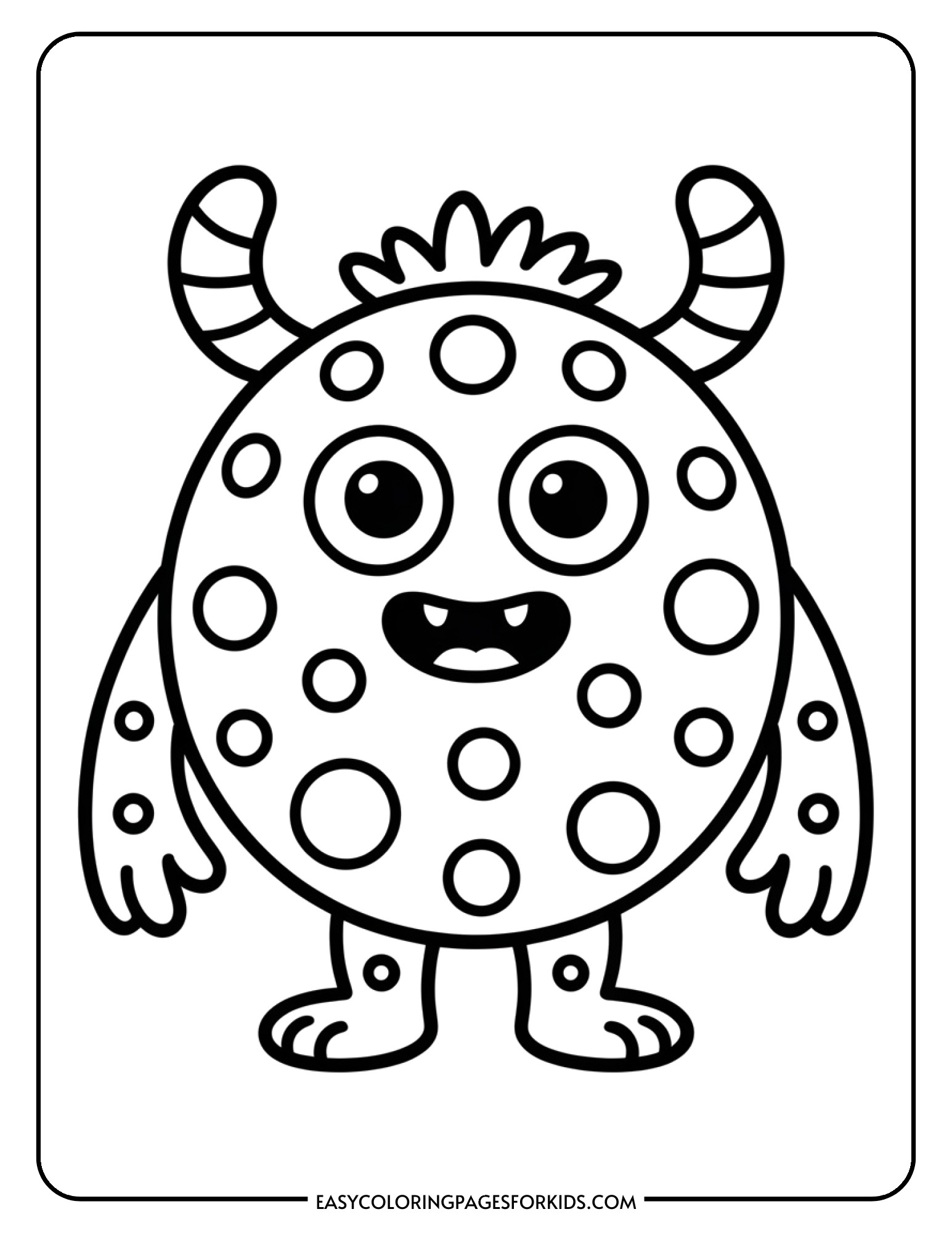 A round spotted monster with short legs and little arms smiles with a cheerful expression.