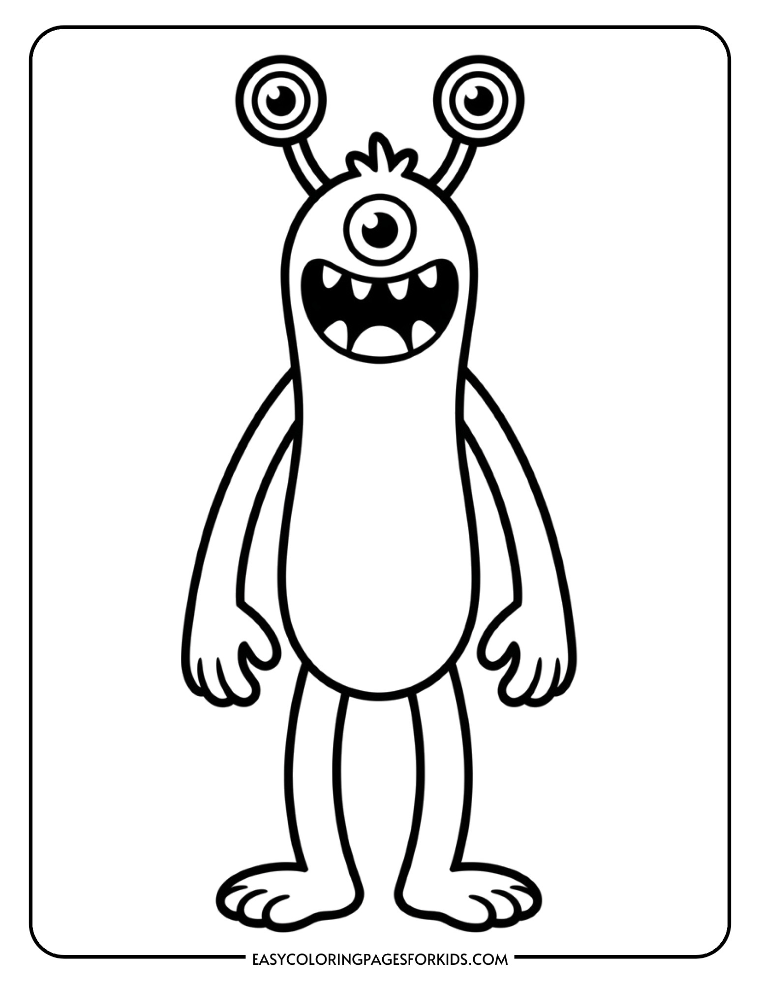 A tall skinny monster with eyes on stalks and big feet stands in a goofy pose.